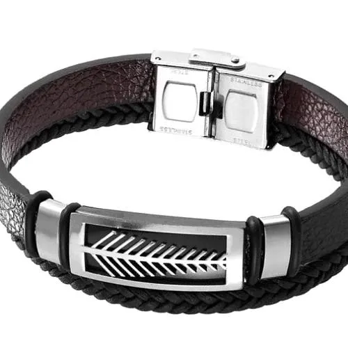 Classy Men Silver Leaf Leather Band Bracelet