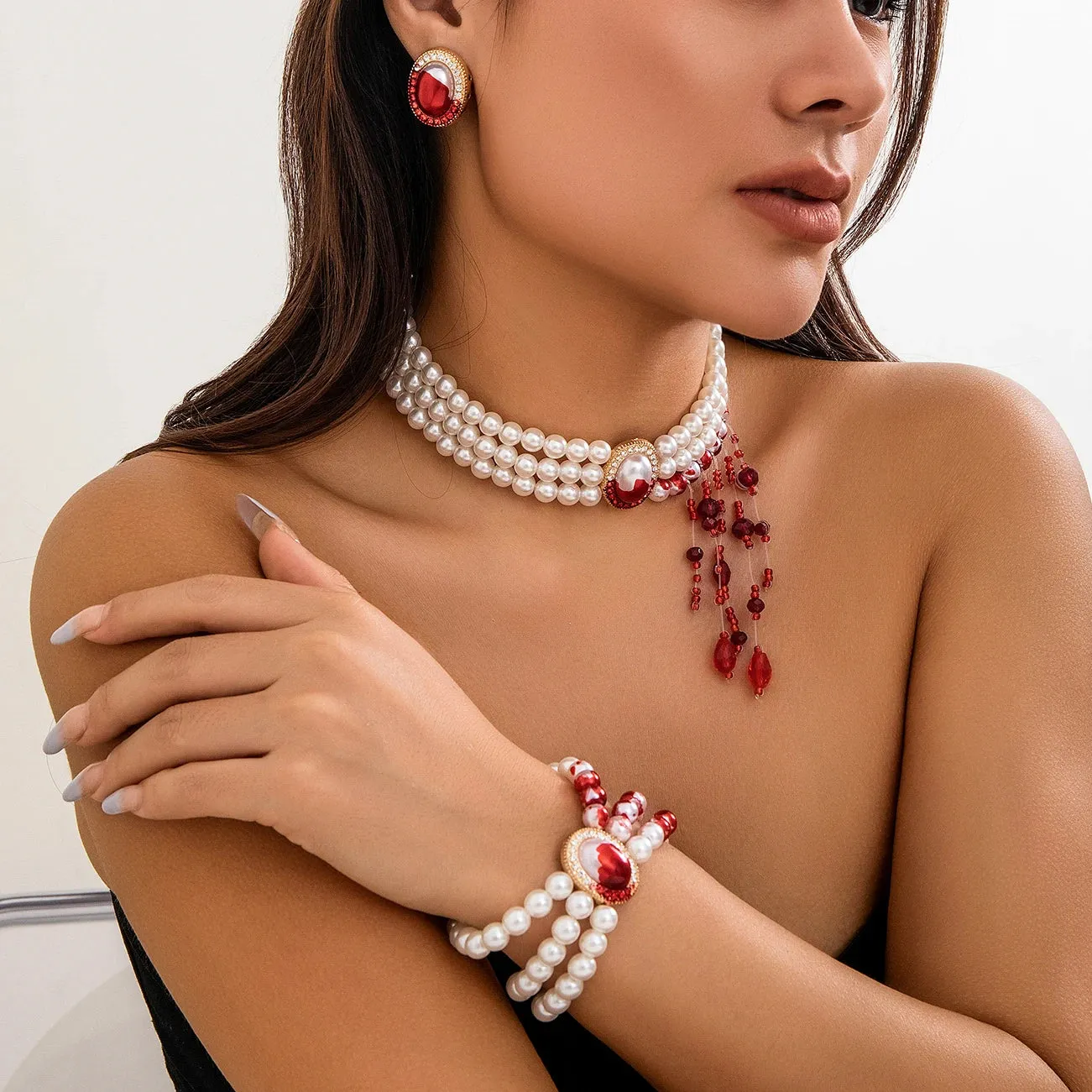 Collier et/ou Bracelet en perles d'imitation style Créatif & Baroque Blanc et Rouge pour un look unique ! (Articles vendus séparément)