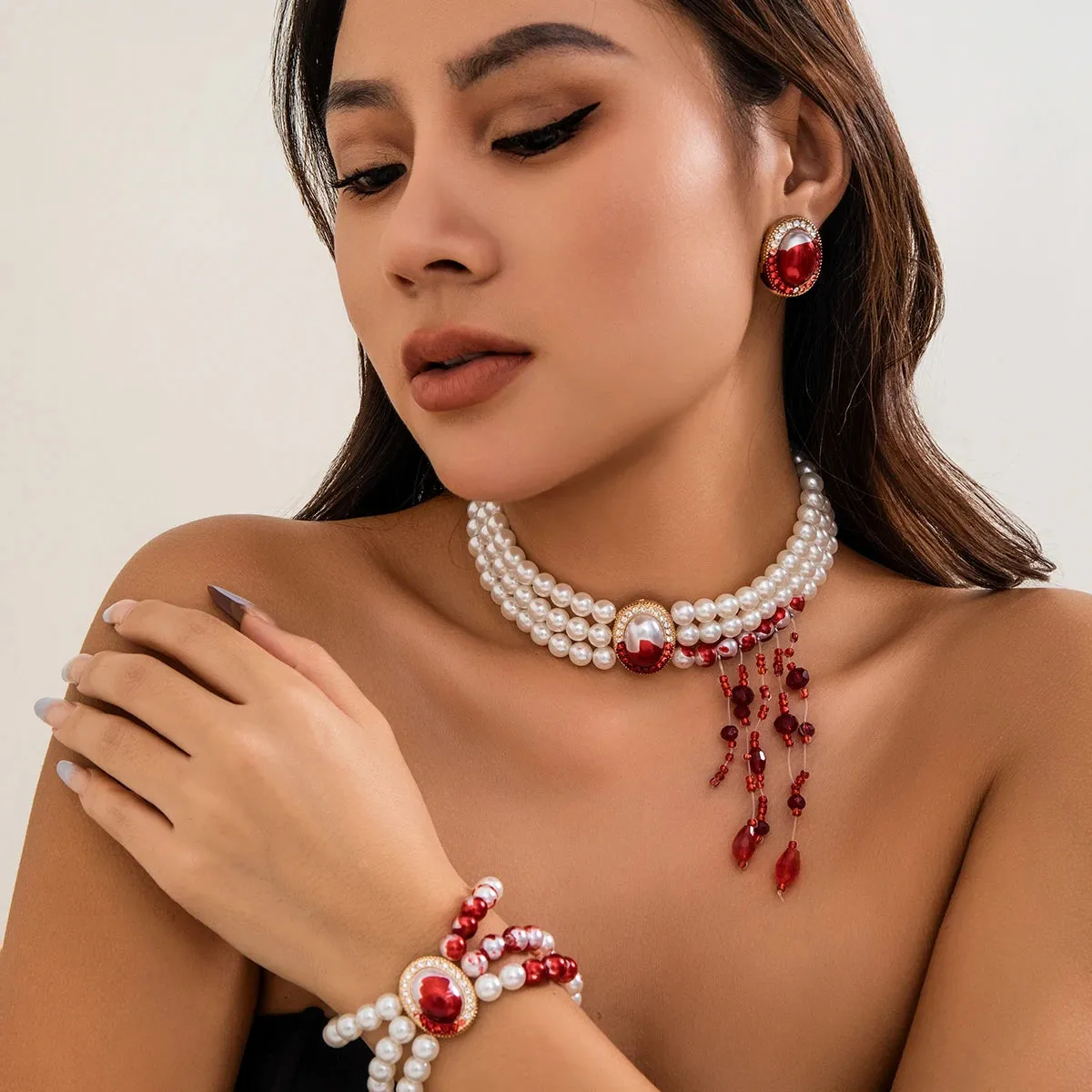 Collier et/ou Bracelet en perles d'imitation style Créatif & Baroque Blanc et Rouge pour un look unique ! (Articles vendus séparément)