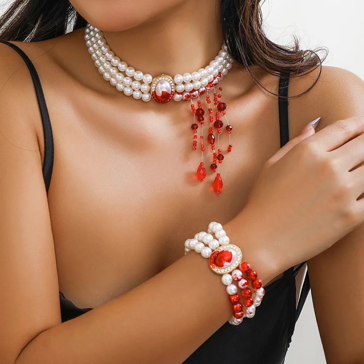 Collier et/ou Bracelet en perles d'imitation style Créatif & Baroque Blanc et Rouge pour un look unique ! (Articles vendus séparément)