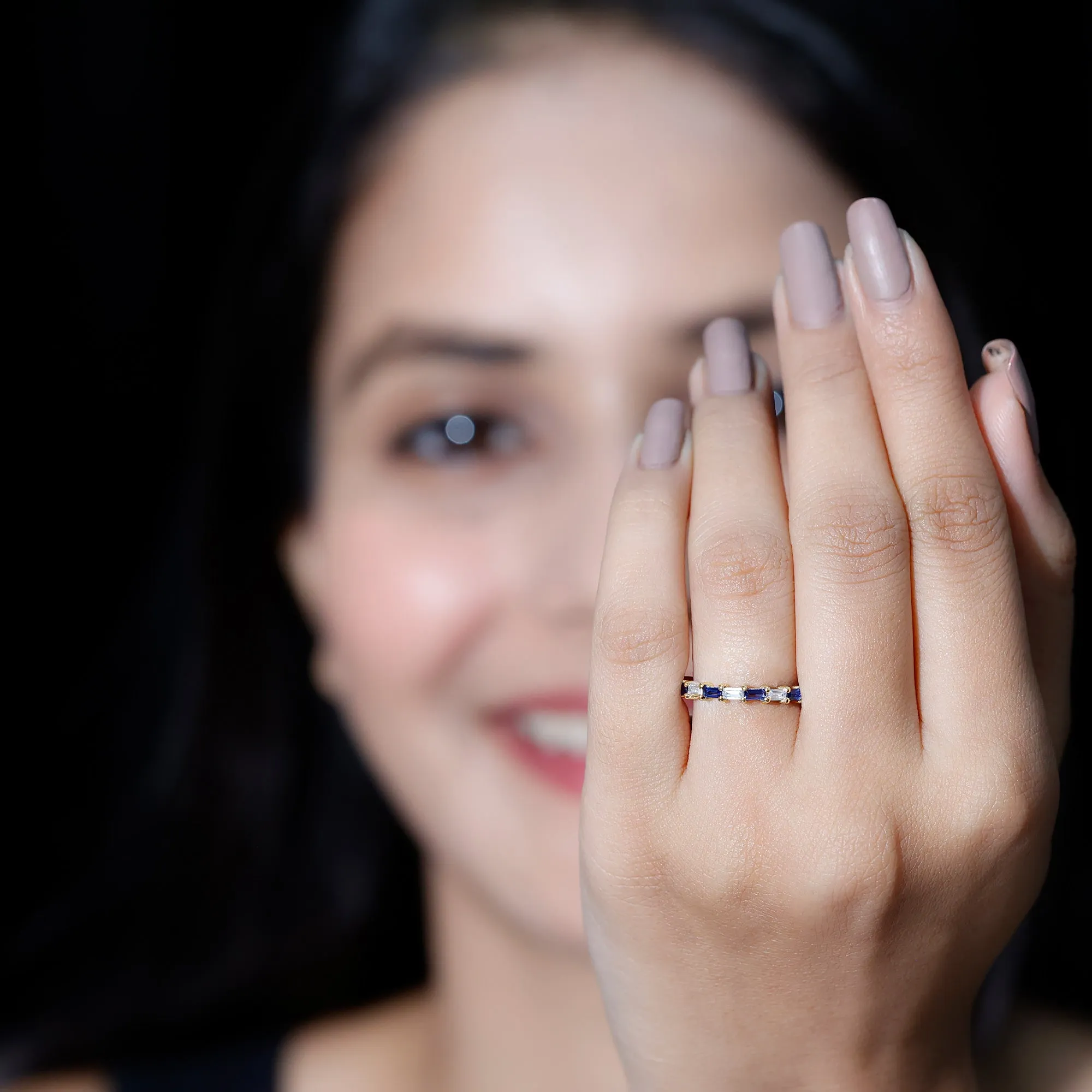 Created Blue Sapphire and Moissanite Stackable Ring