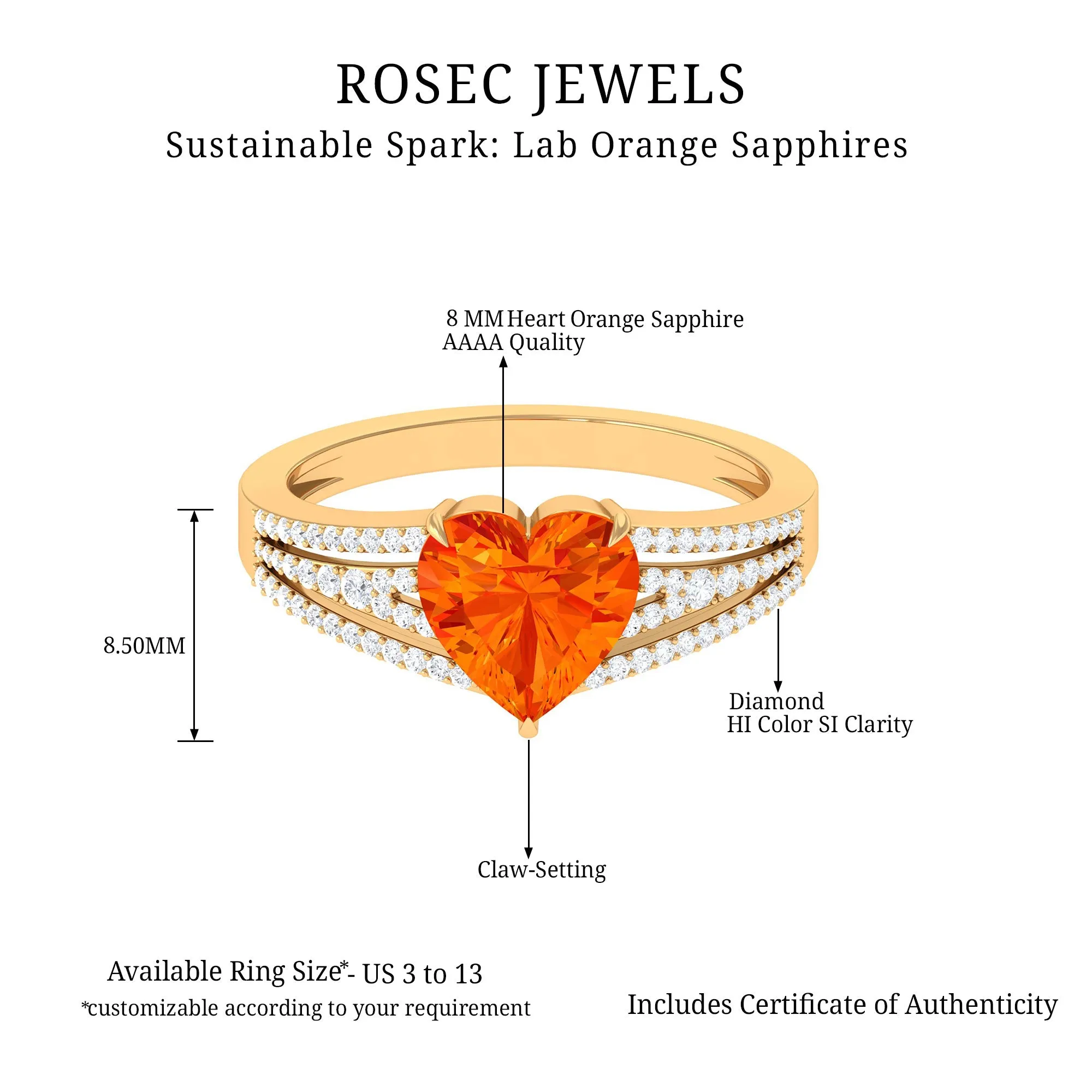 Created Orange Sapphire Heart Engagement Ring with Diamond