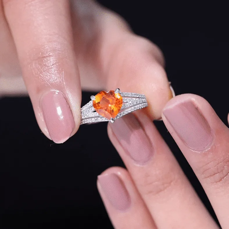 Created Orange Sapphire Heart Engagement Ring with Diamond