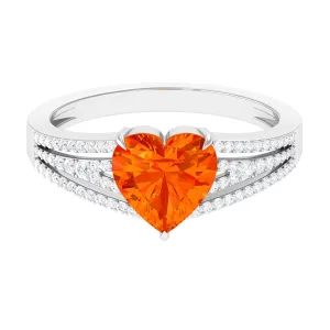 Created Orange Sapphire Heart Engagement Ring with Diamond