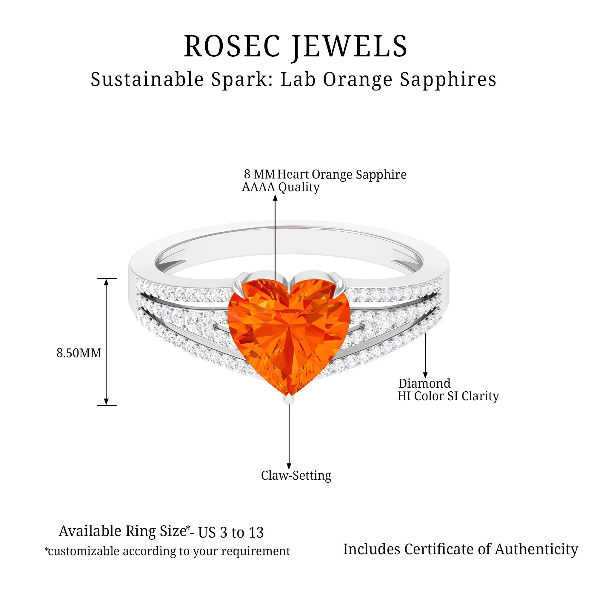 Created Orange Sapphire Heart Engagement Ring with Diamond