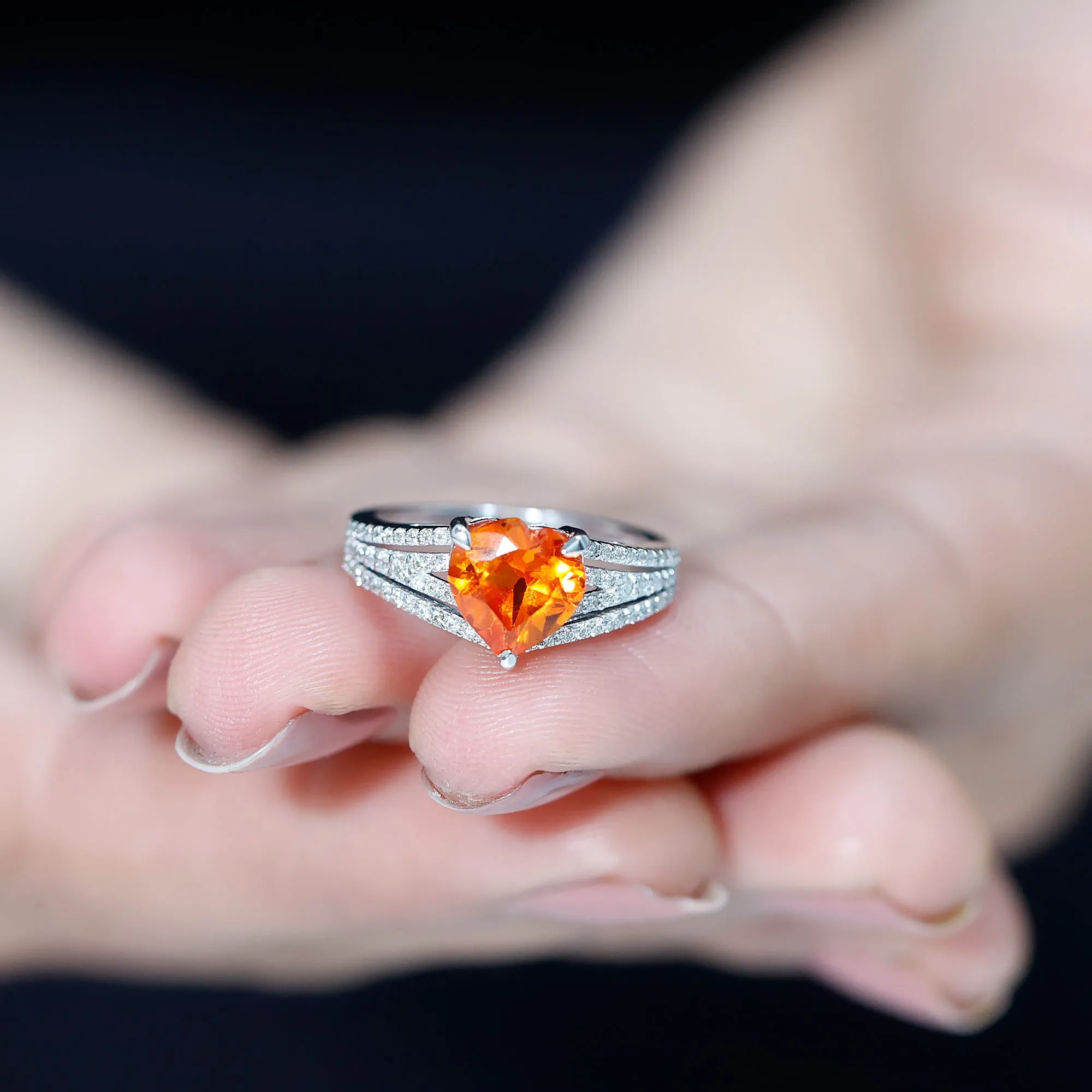 Created Orange Sapphire Heart Engagement Ring with Diamond