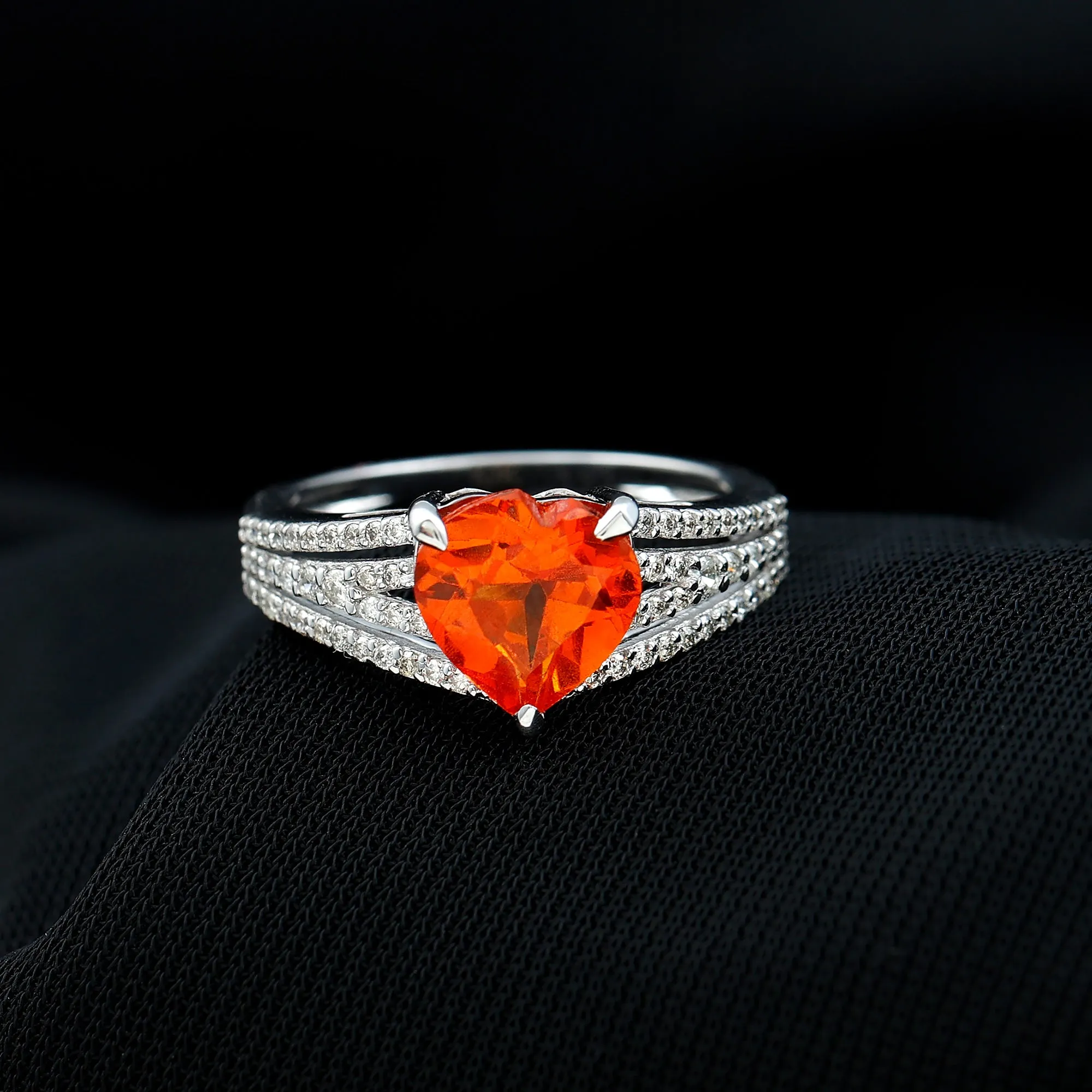 Created Orange Sapphire Heart Engagement Ring with Diamond