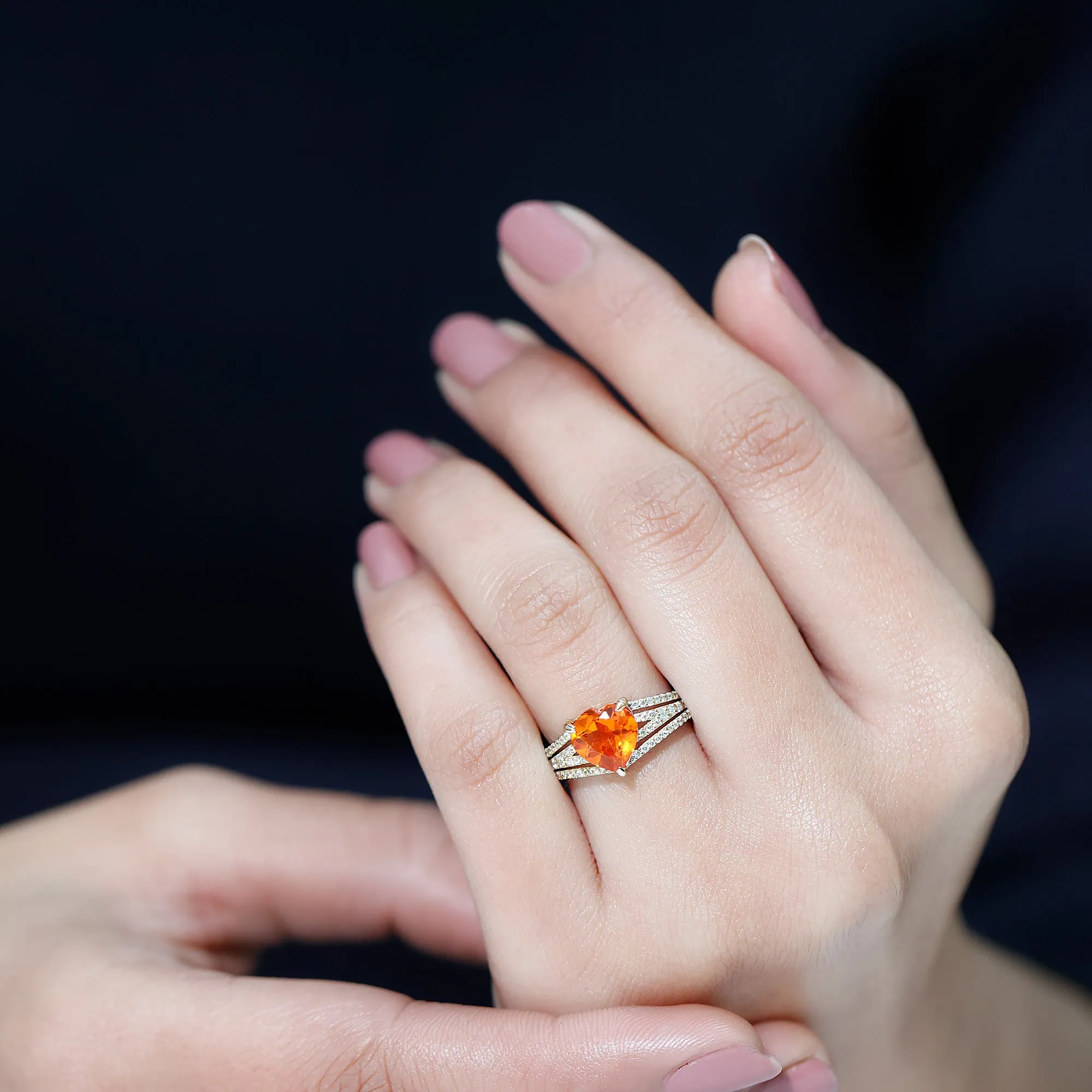 Created Orange Sapphire Heart Engagement Ring with Diamond