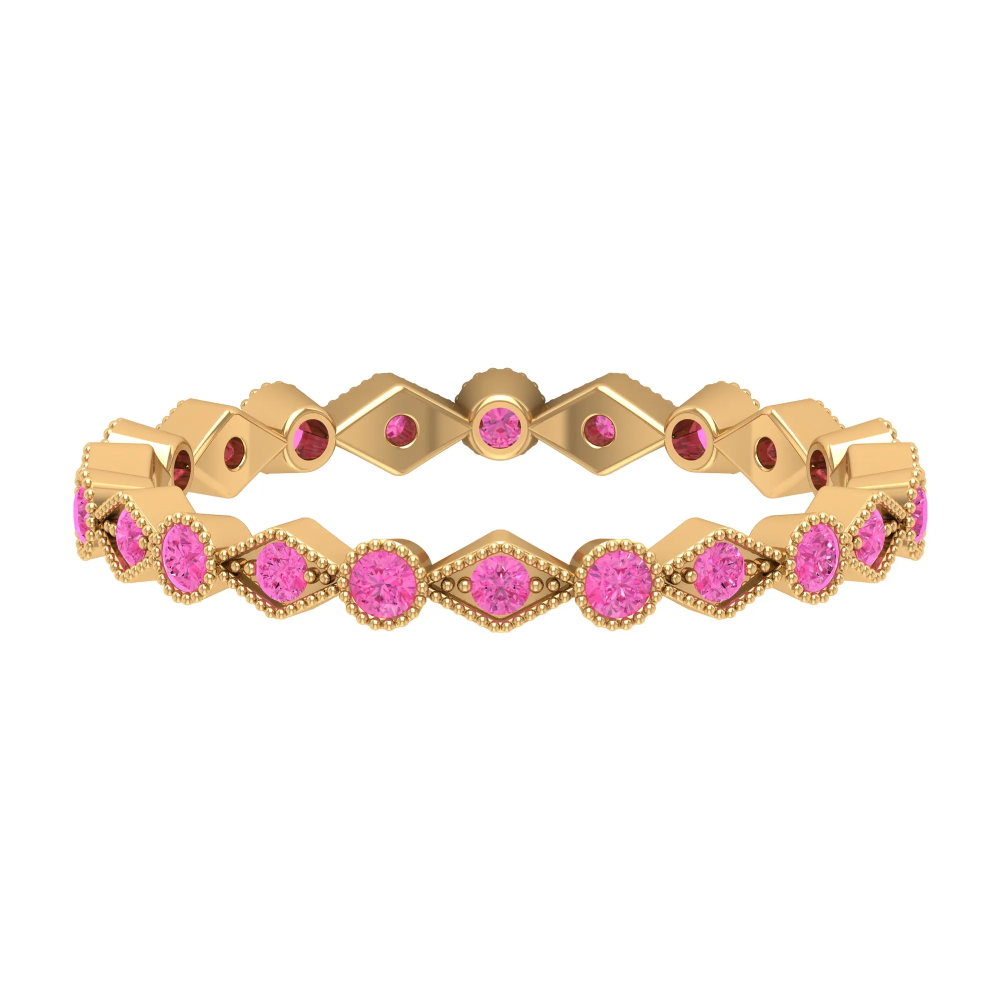 Created Pink Sapphire Stackable Eternity Ring with Beaded Shank