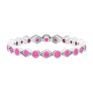 Created Pink Sapphire Stackable Eternity Ring with Beaded Shank