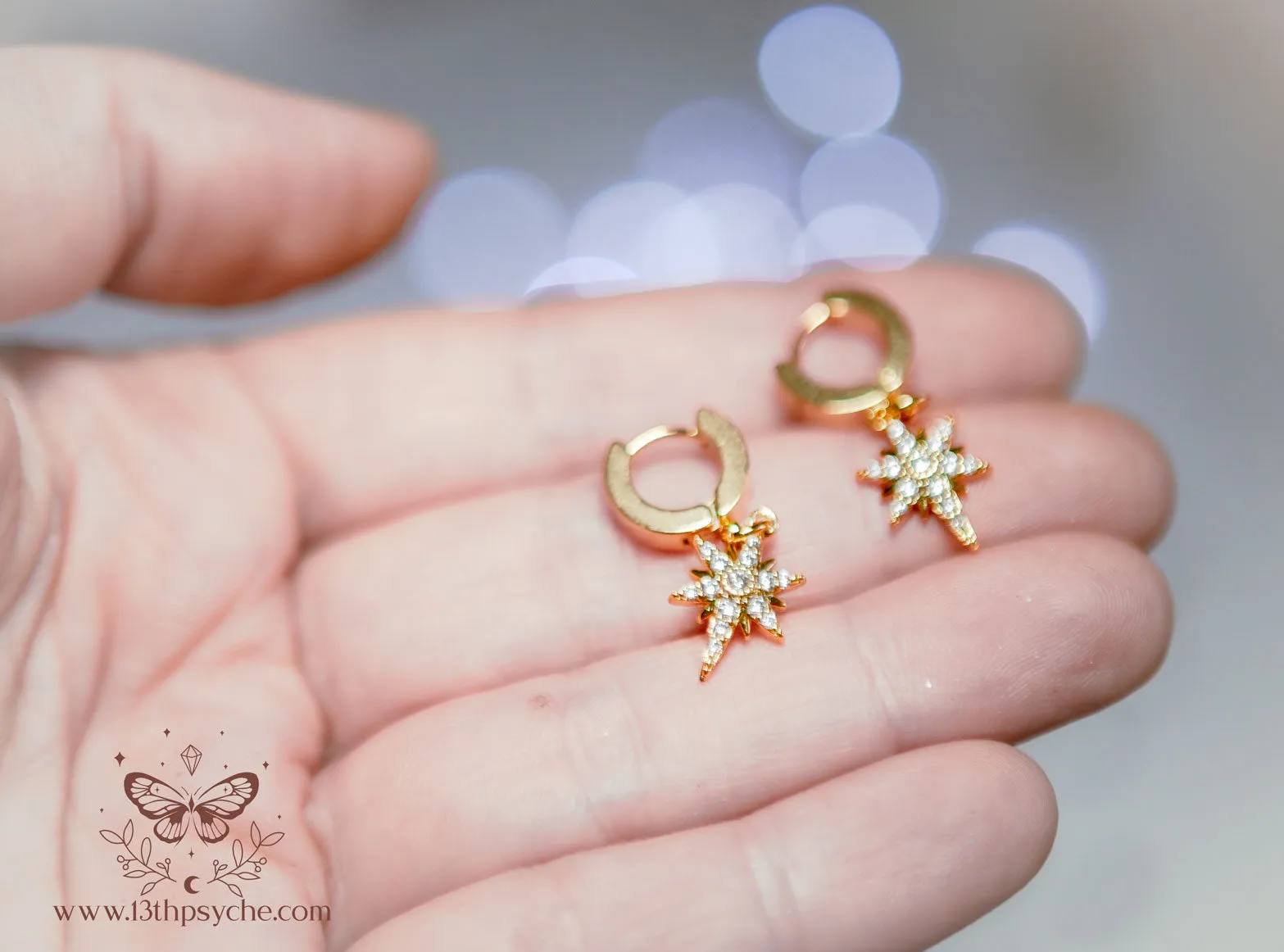 Cubic Zirconia big pointed star gold huggie hoop earrings