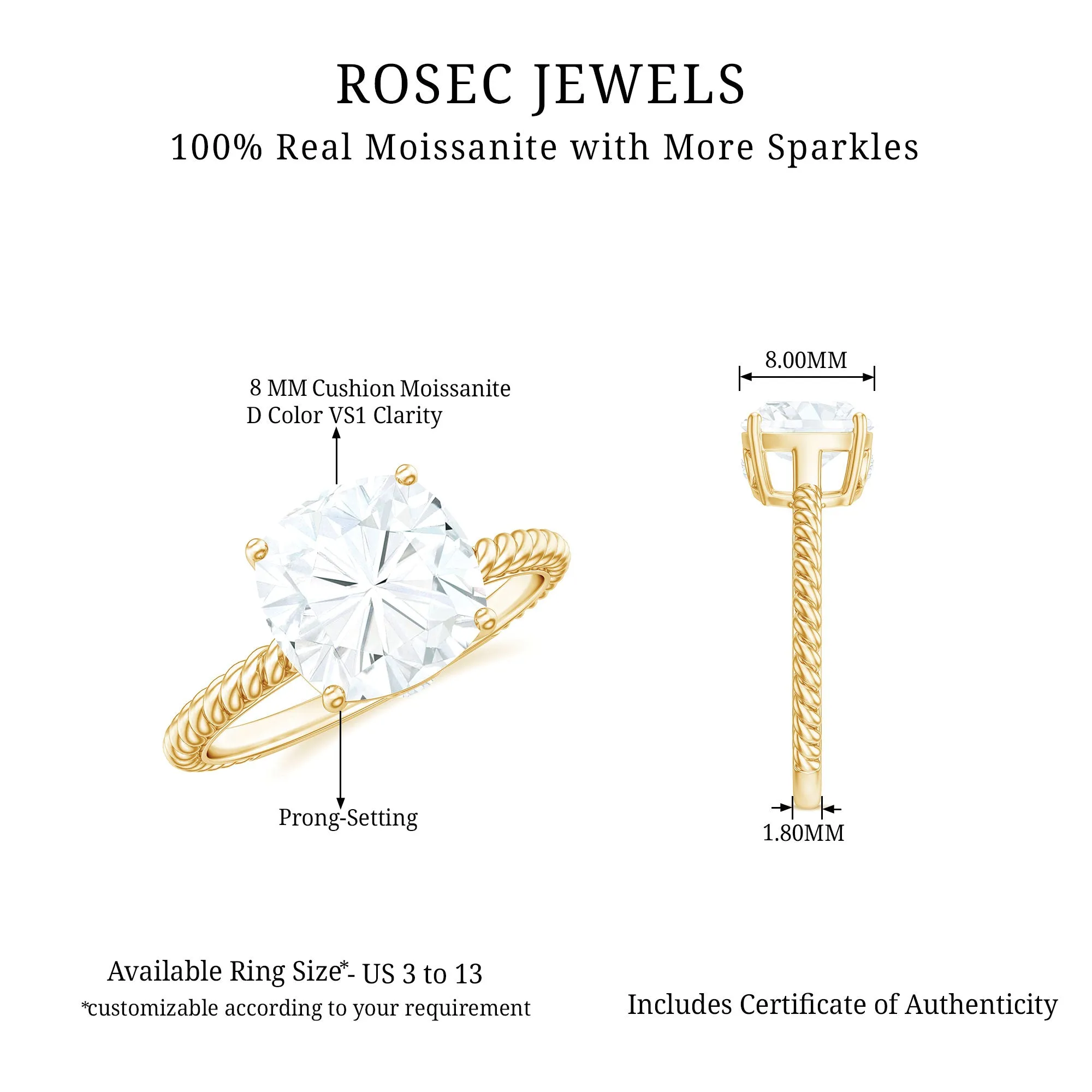 Cushion Cut Moissanite Solitaire Ring with Gold Twisted Rope