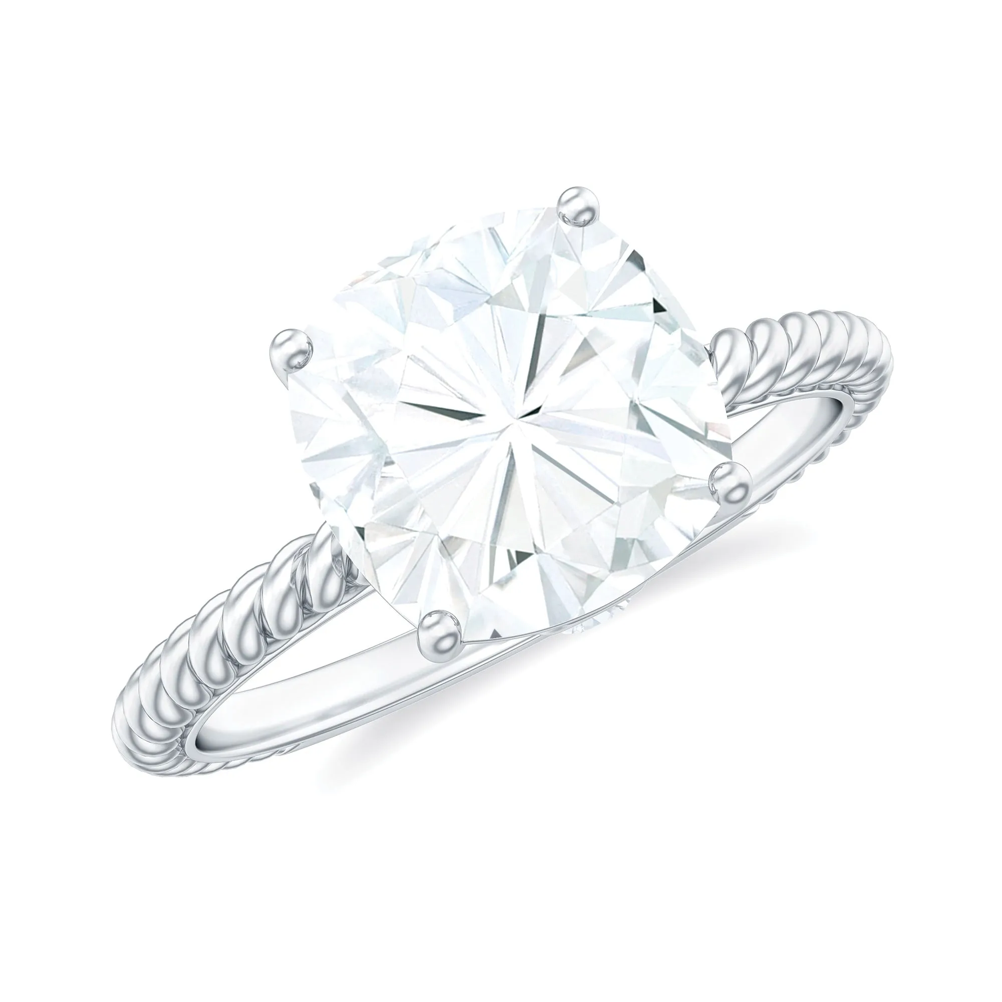 Cushion Cut Moissanite Solitaire Ring with Gold Twisted Rope