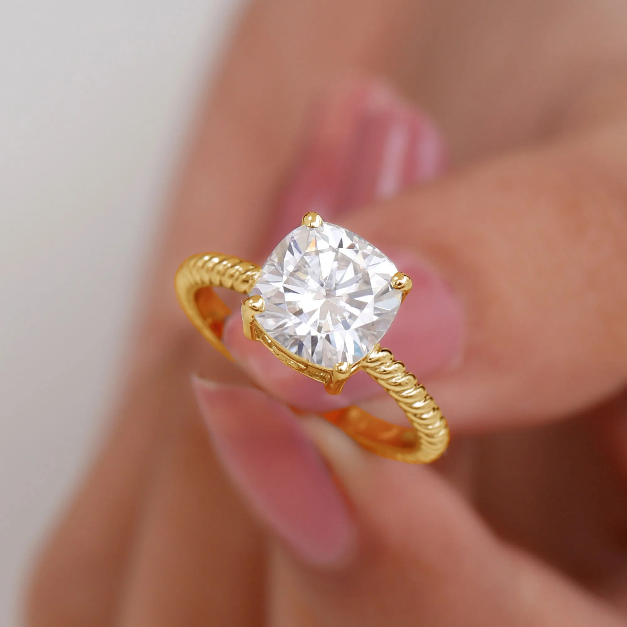 Cushion Cut Moissanite Solitaire Ring with Gold Twisted Rope