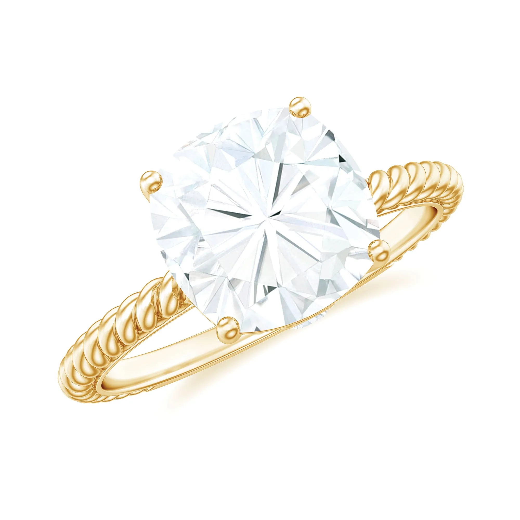 Cushion Cut Moissanite Solitaire Ring with Gold Twisted Rope