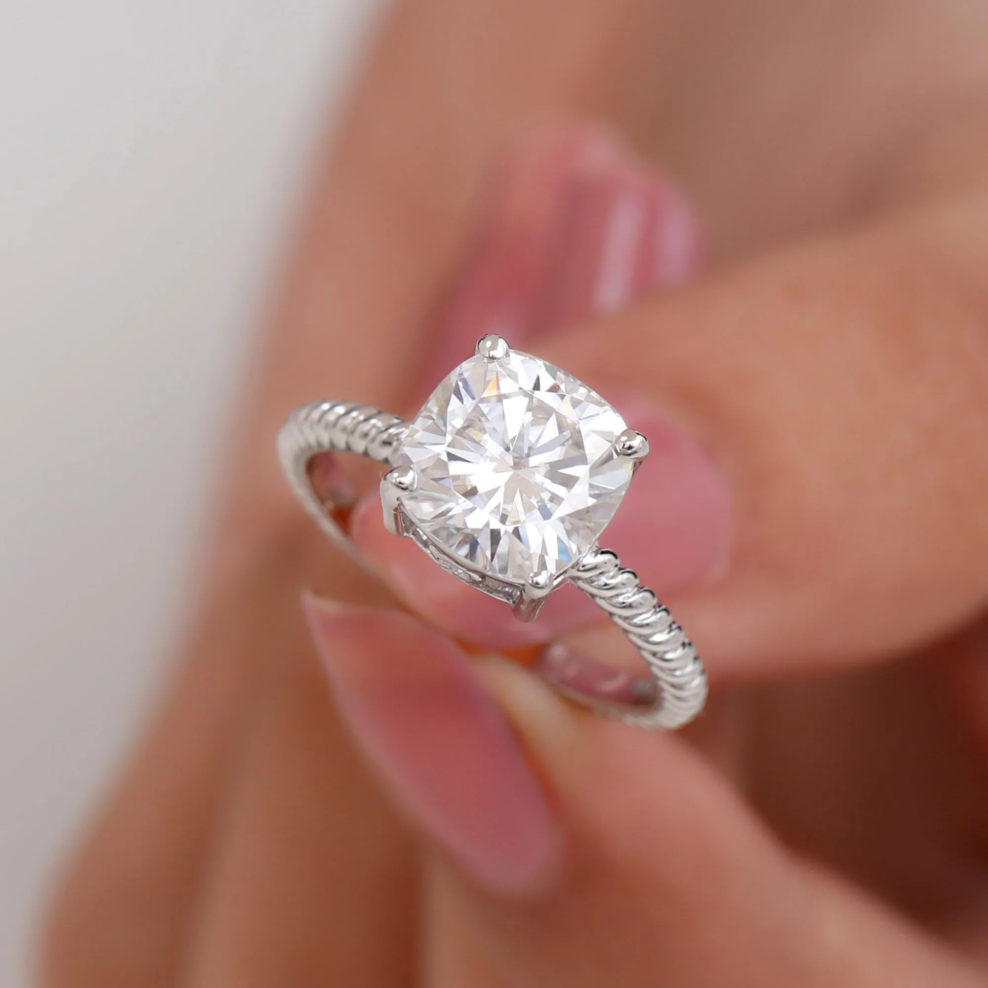 Cushion Cut Moissanite Solitaire Ring with Gold Twisted Rope