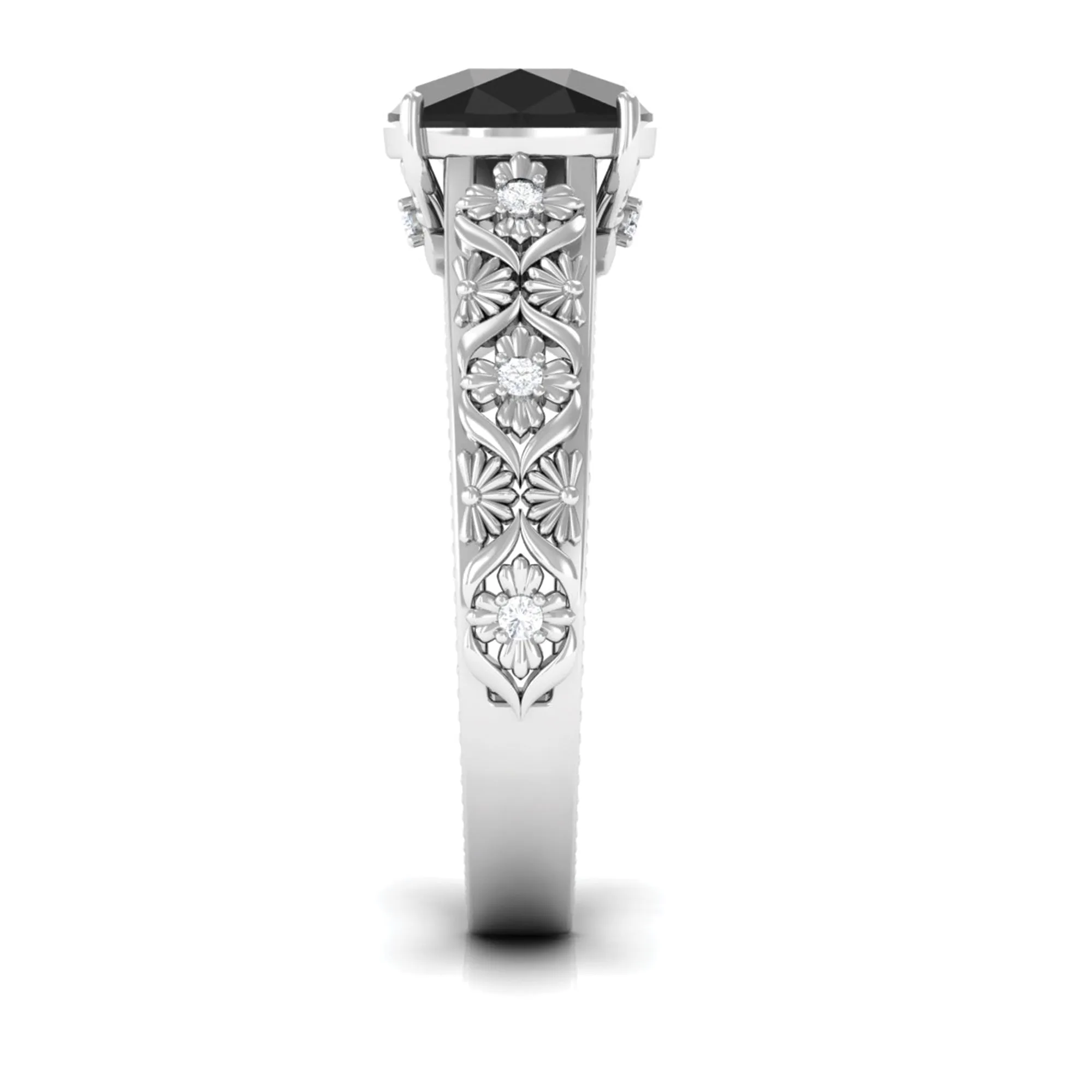 Cushion Cut Solitaire Created Black Diamond and Diamond Floral Engagement Ring