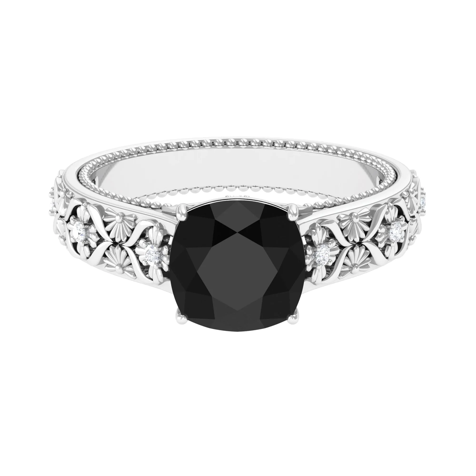 Cushion Cut Solitaire Created Black Diamond and Diamond Floral Engagement Ring