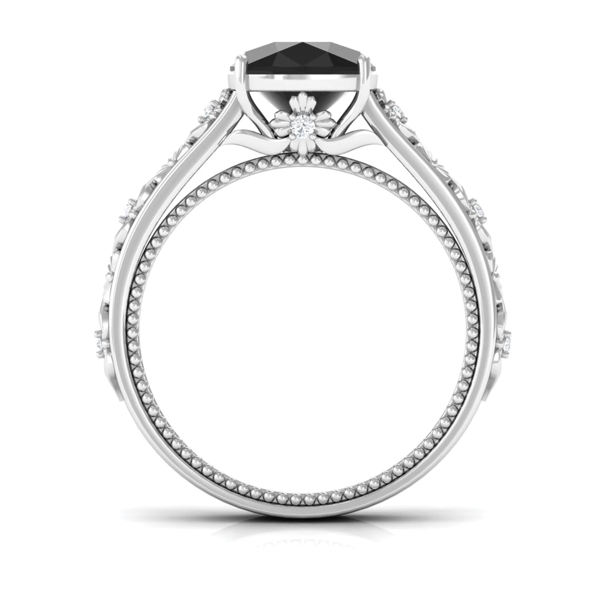 Cushion Cut Solitaire Created Black Diamond and Diamond Floral Engagement Ring