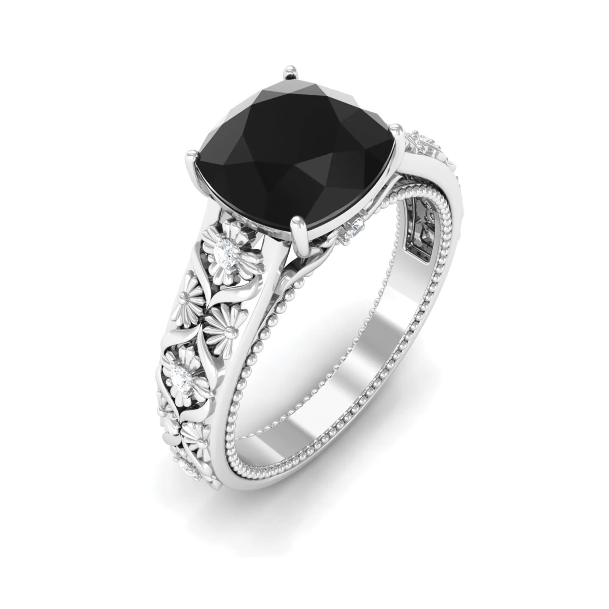 Cushion Cut Solitaire Created Black Diamond and Diamond Floral Engagement Ring