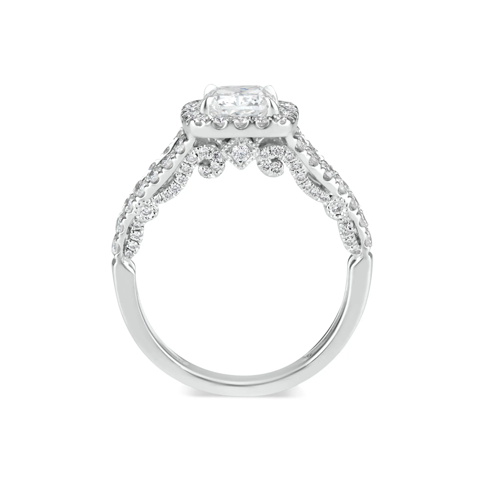 Cushion Halo Diamond Engagement Ring with Split Shank & Diamond Filigree