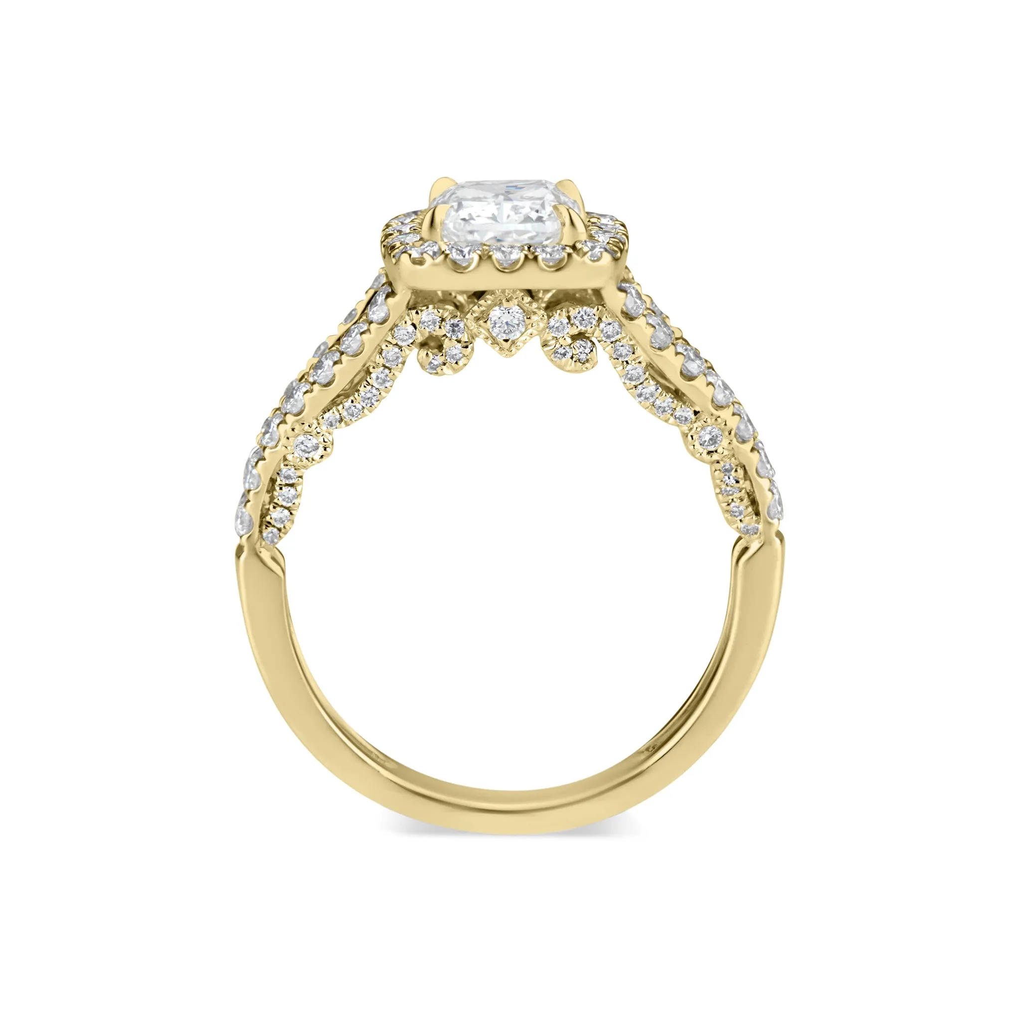 Cushion Halo Diamond Engagement Ring with Split Shank & Diamond Filigree