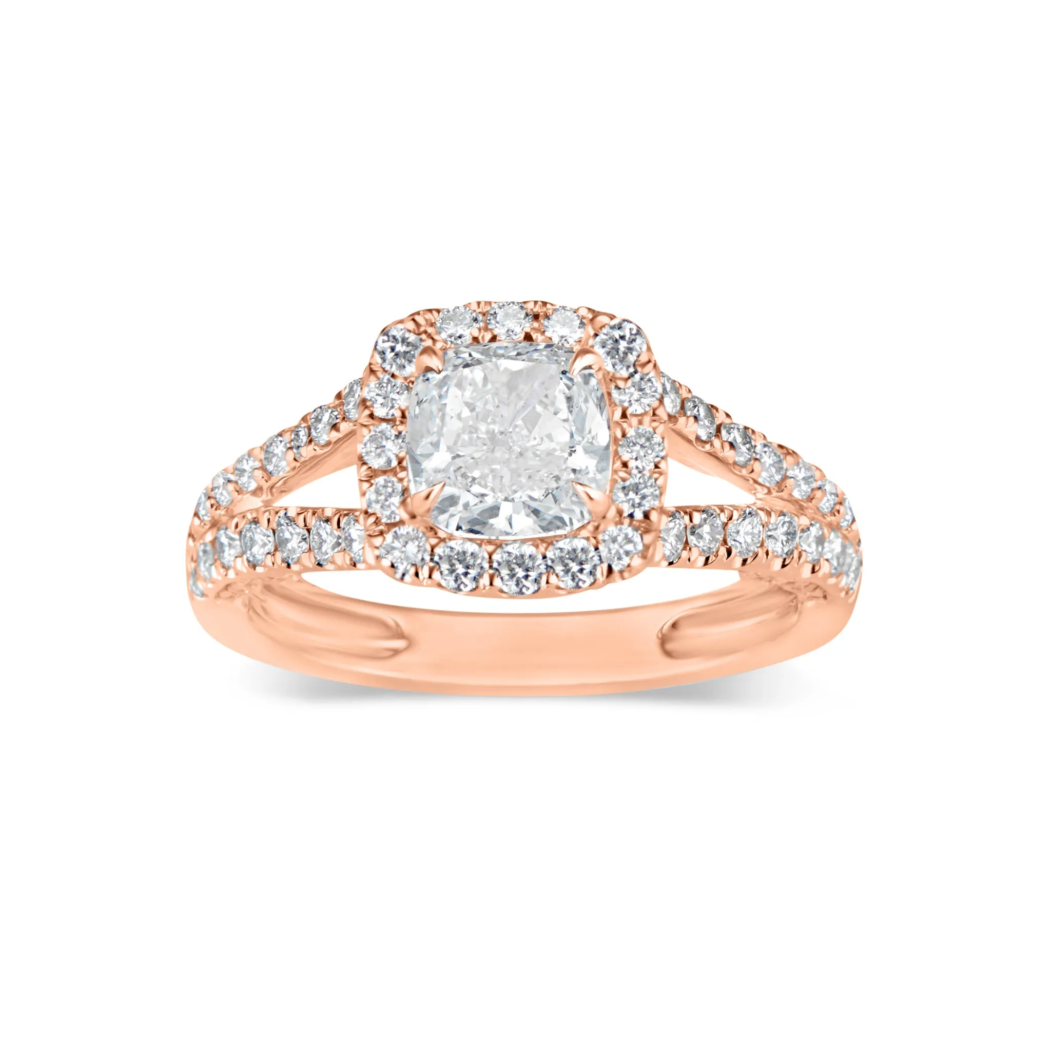 Cushion Halo Diamond Engagement Ring with Split Shank & Diamond Filigree