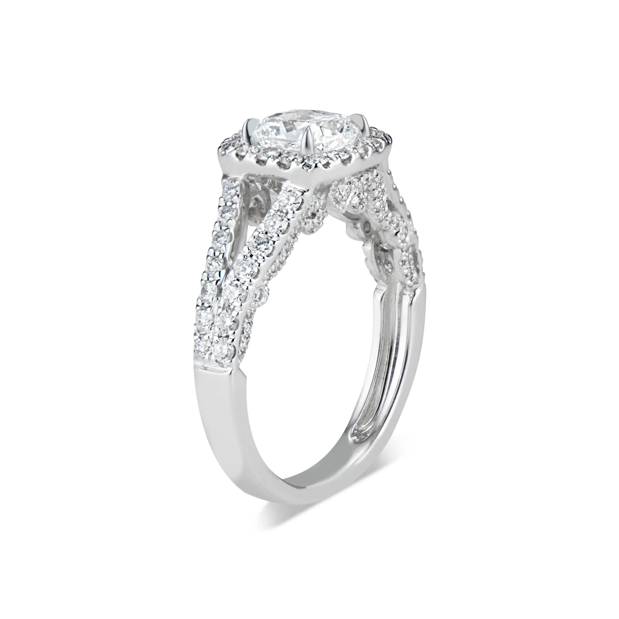 Cushion Halo Diamond Engagement Ring with Split Shank & Diamond Filigree