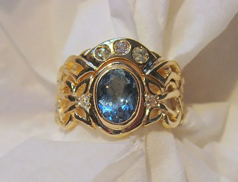 Custom Celtic Inspired 14K Gold Aquamarine and Diamond Wedding Set