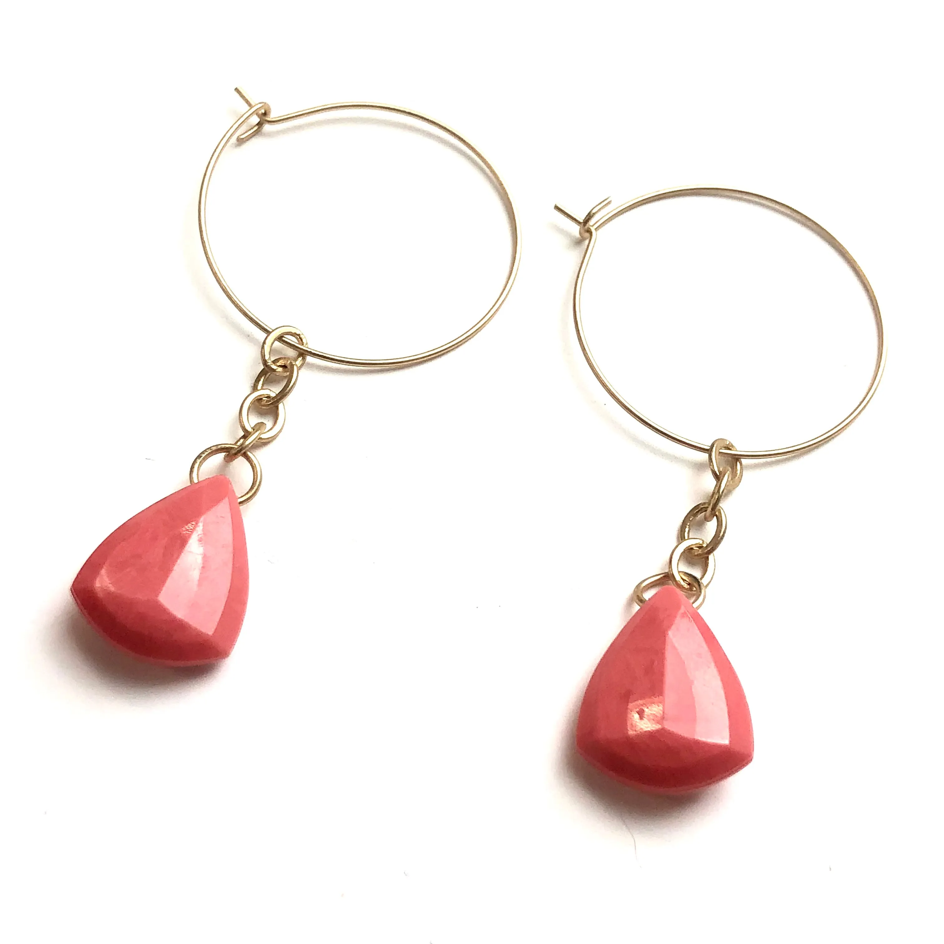 Dark Peach Faceted Briolette on Gold Hoop Earrings