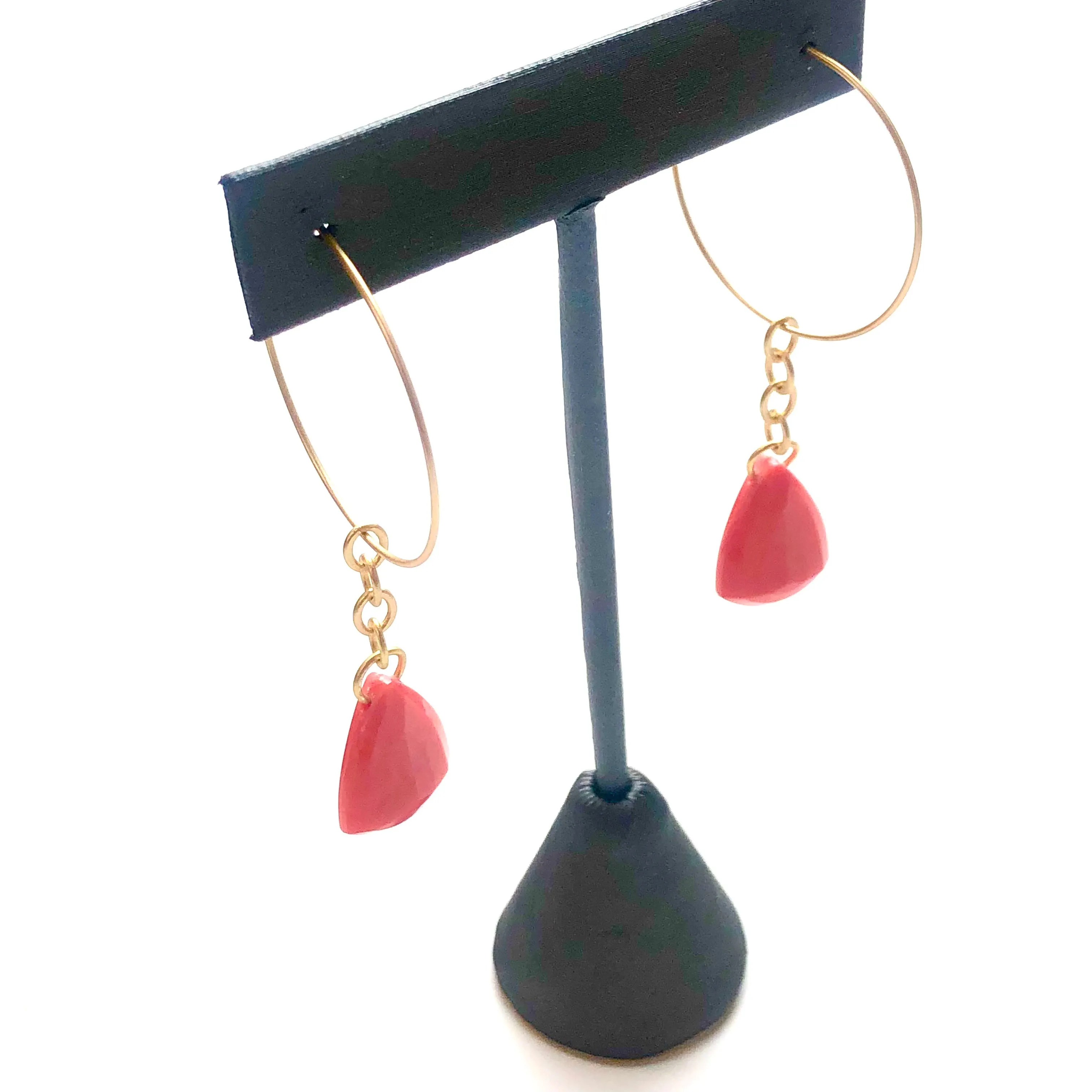 Dark Peach Faceted Briolette on Gold Hoop Earrings