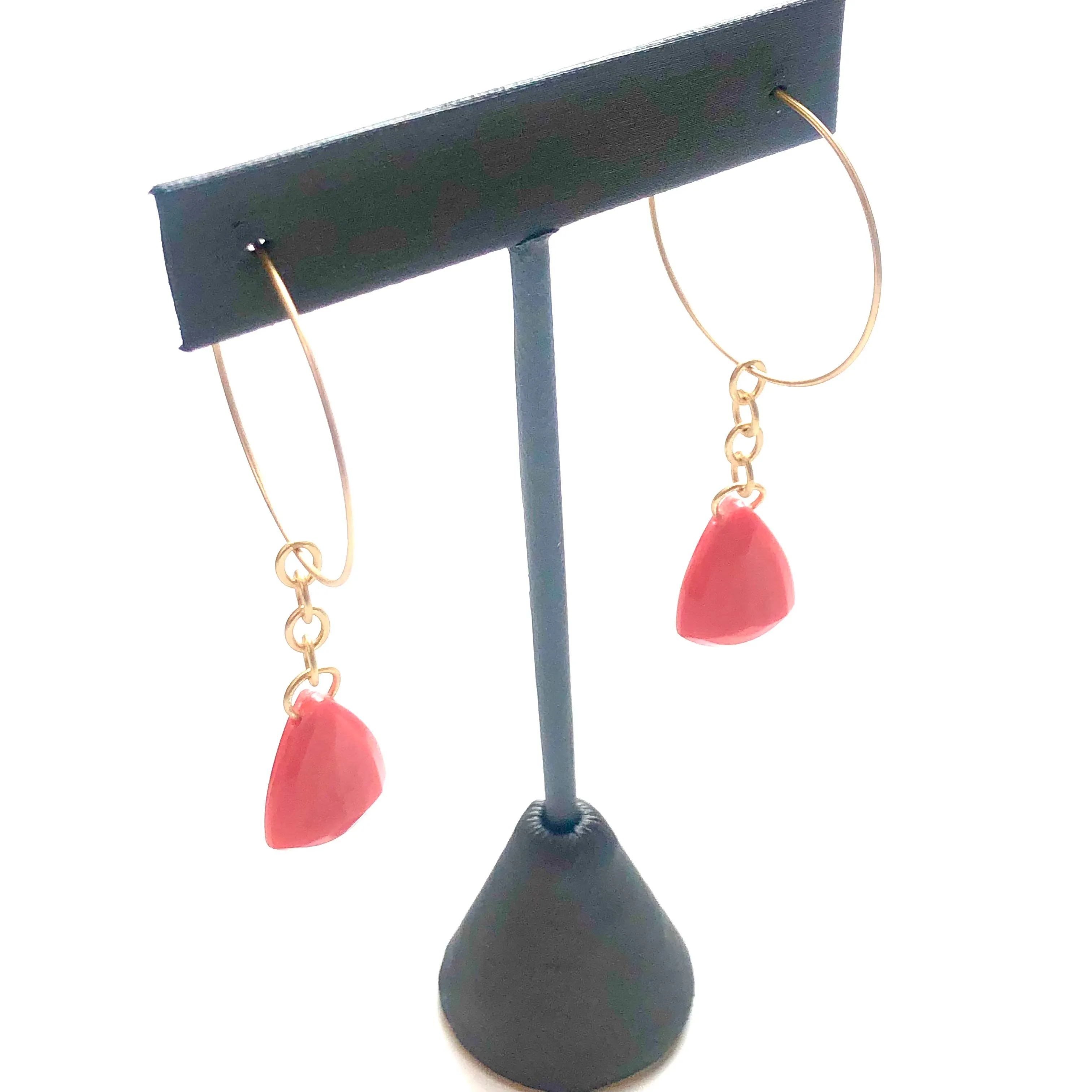 Dark Peach Faceted Briolette on Gold Hoop Earrings