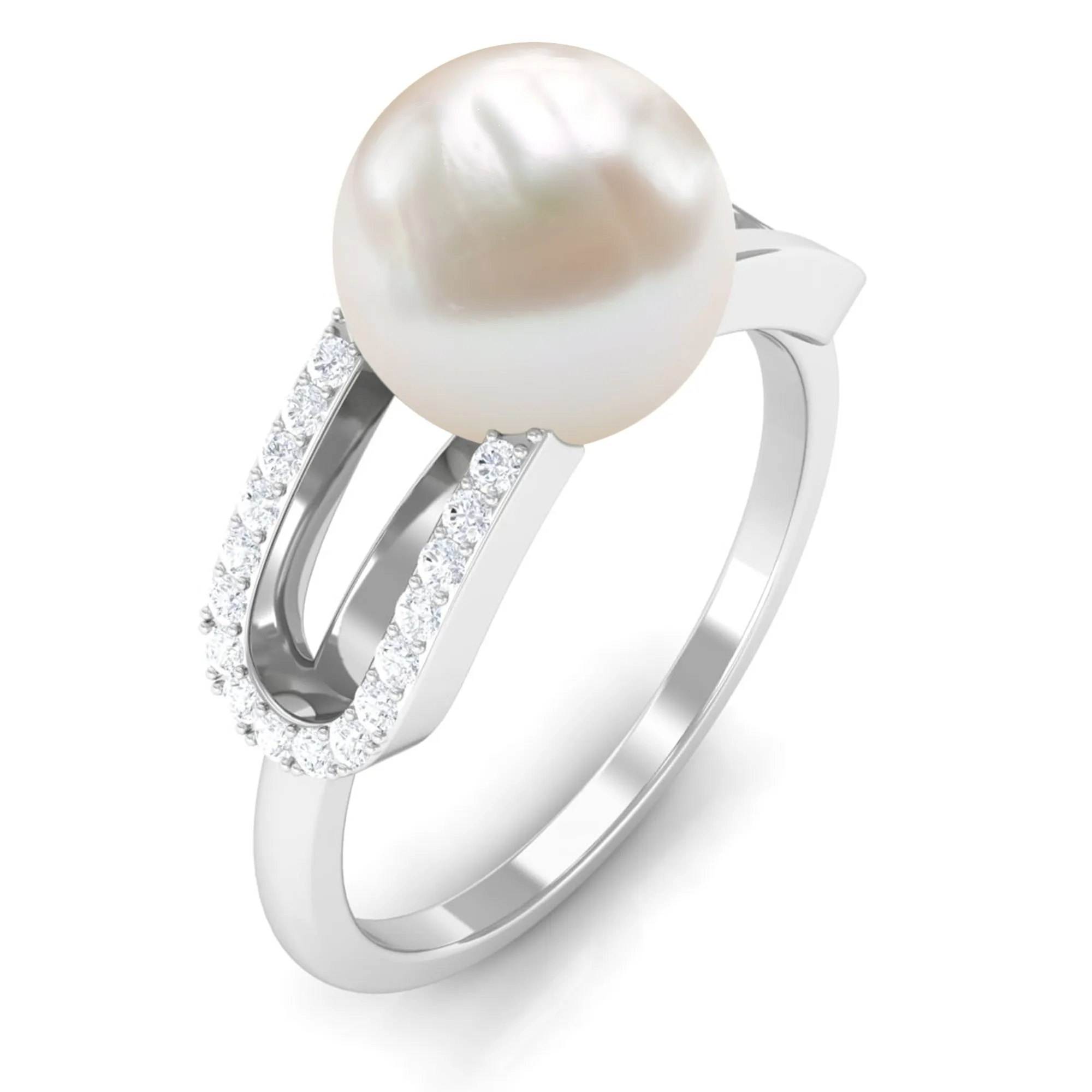 Designer Freshwater Pearl and Diamond Ring in Split Shank