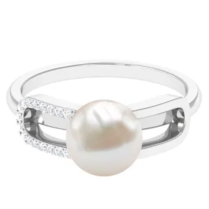 Designer Freshwater Pearl and Diamond Ring in Split Shank