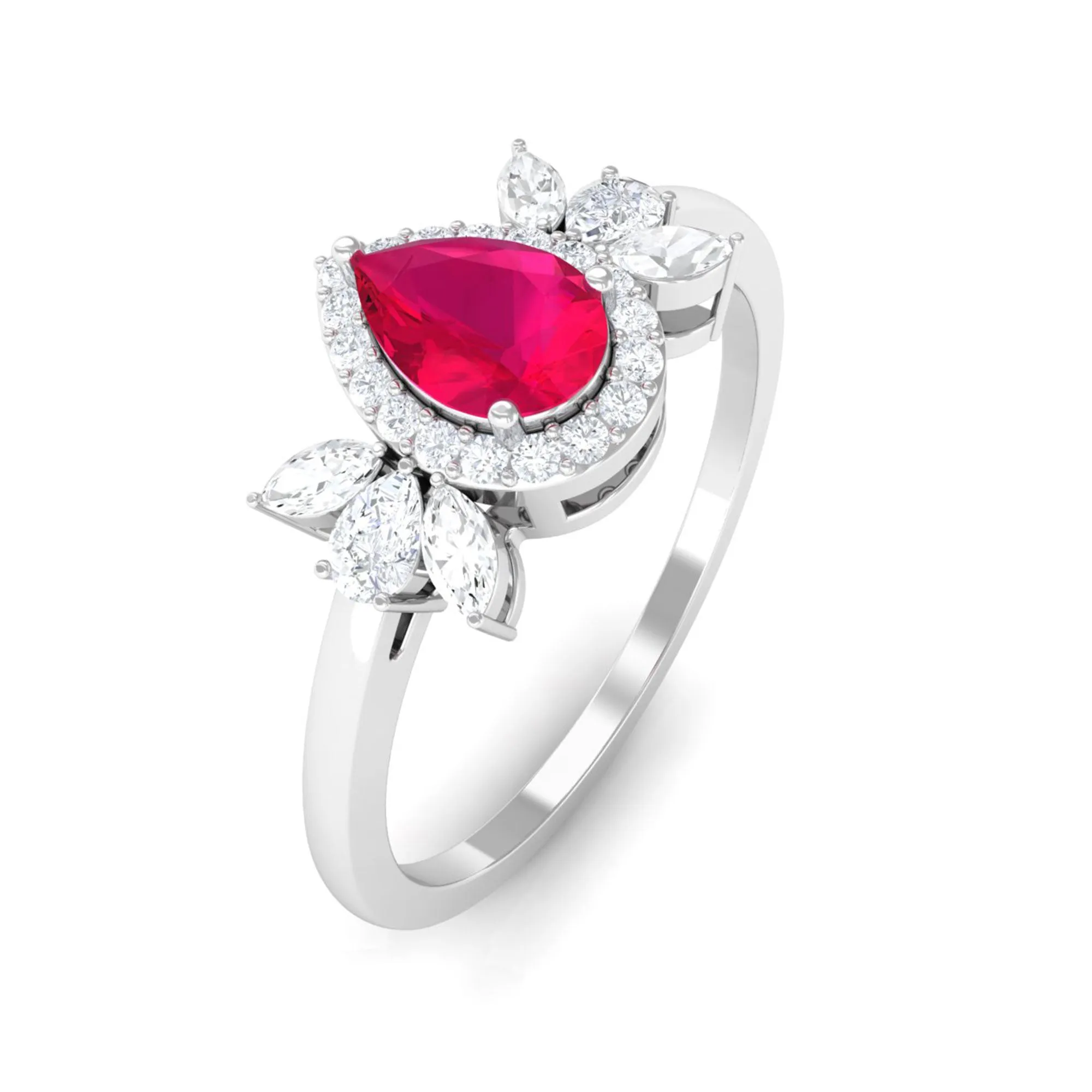 Designer Ruby and Diamond Halo Teardrop Engagement Ring