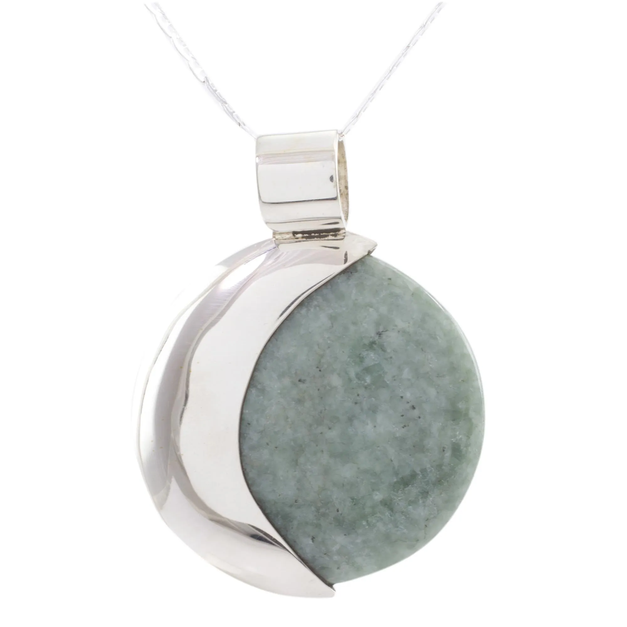 Eclipse Green Jade and Sterling Silver Pendant Necklace - Green Quetzal Eclipse | NOVICA