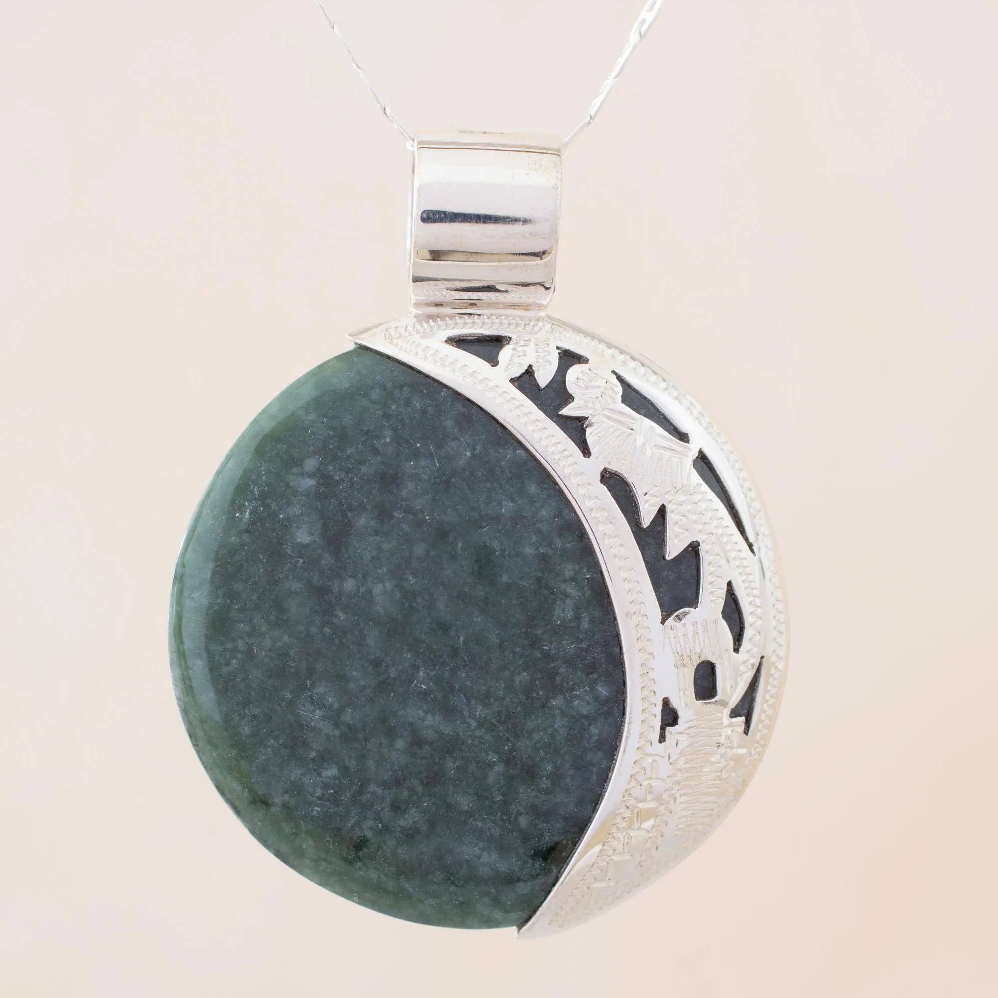 Eclipse Green Jade and Sterling Silver Pendant Necklace - Green Quetzal Eclipse | NOVICA