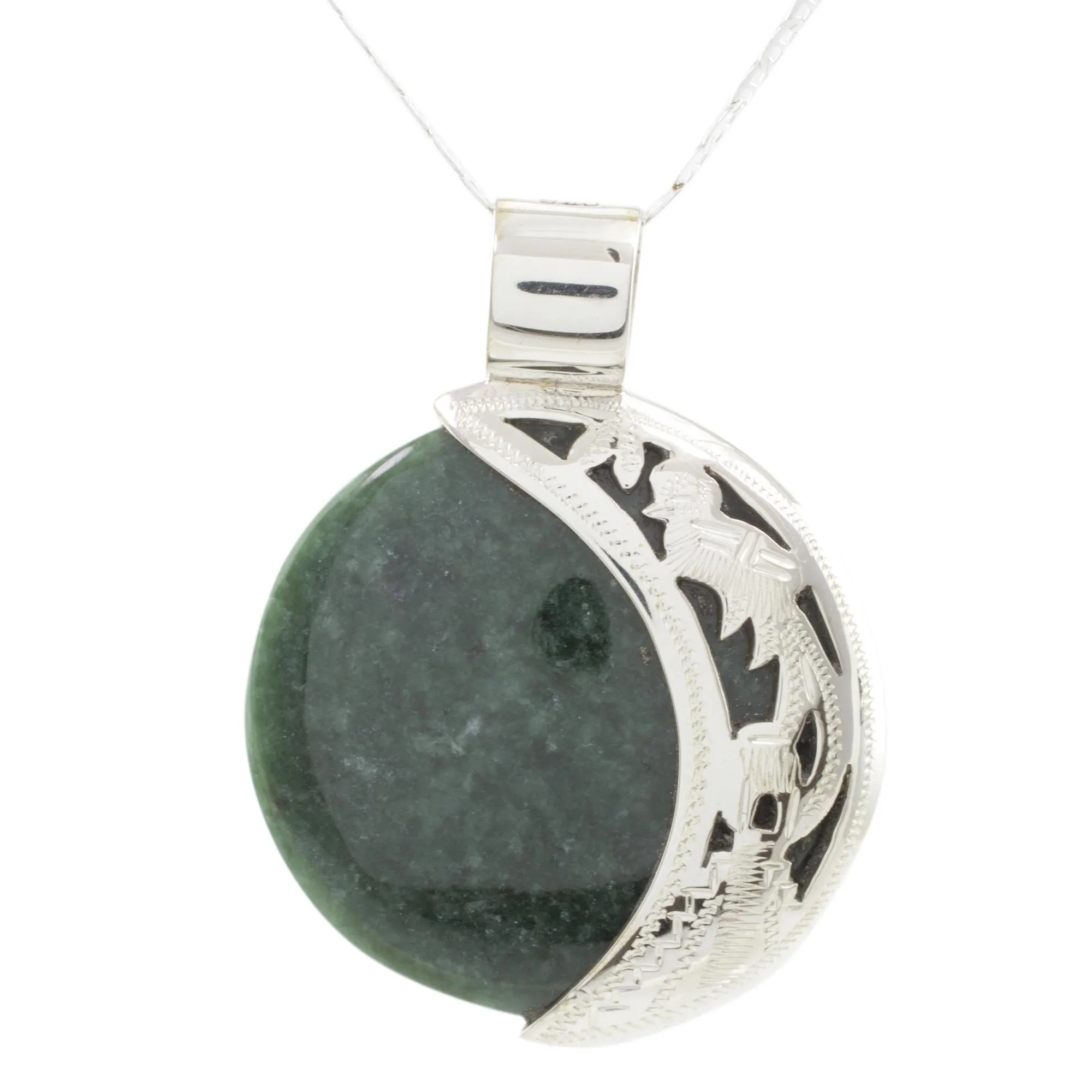 Eclipse Green Jade and Sterling Silver Pendant Necklace - Green Quetzal Eclipse | NOVICA