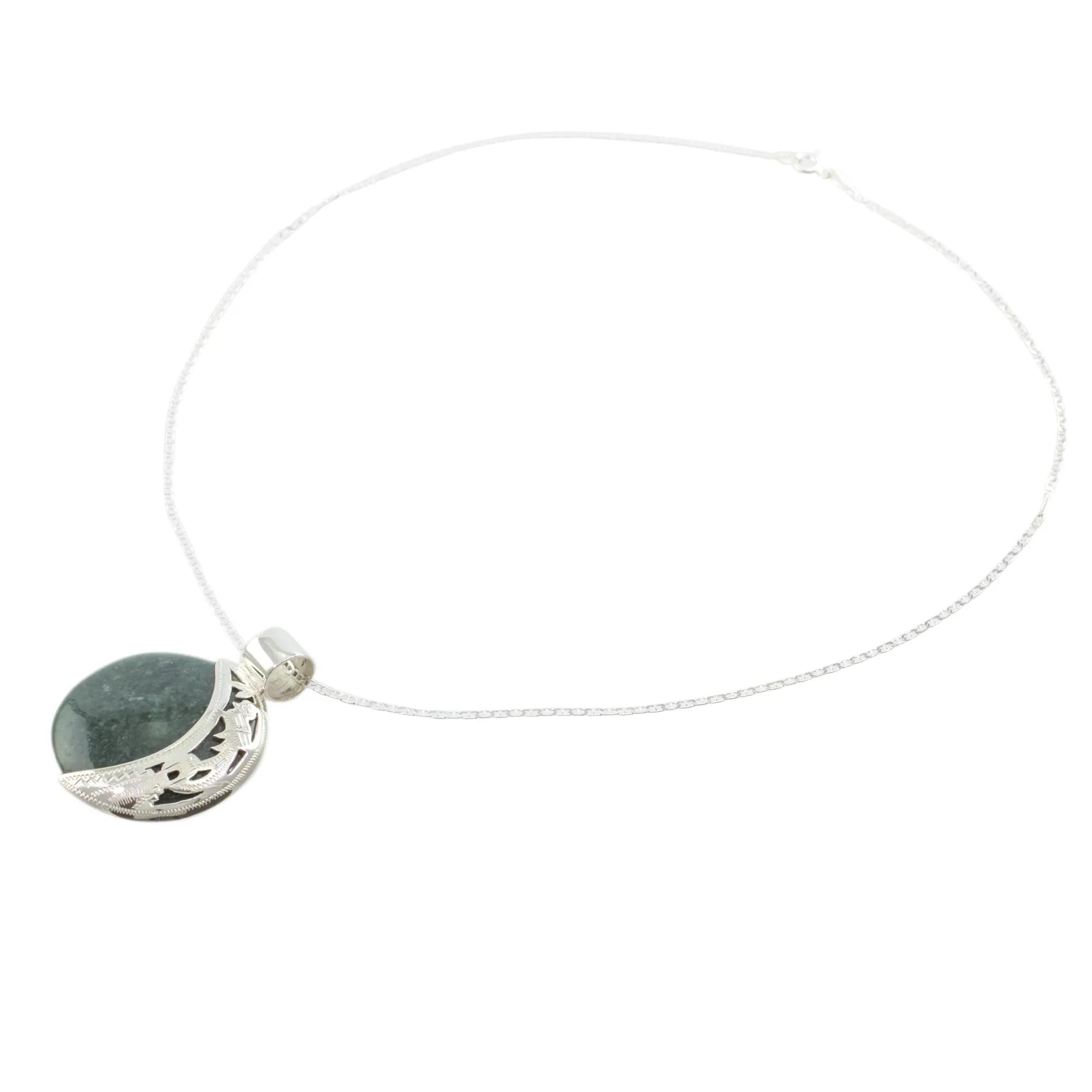 Eclipse Green Jade and Sterling Silver Pendant Necklace - Green Quetzal Eclipse | NOVICA