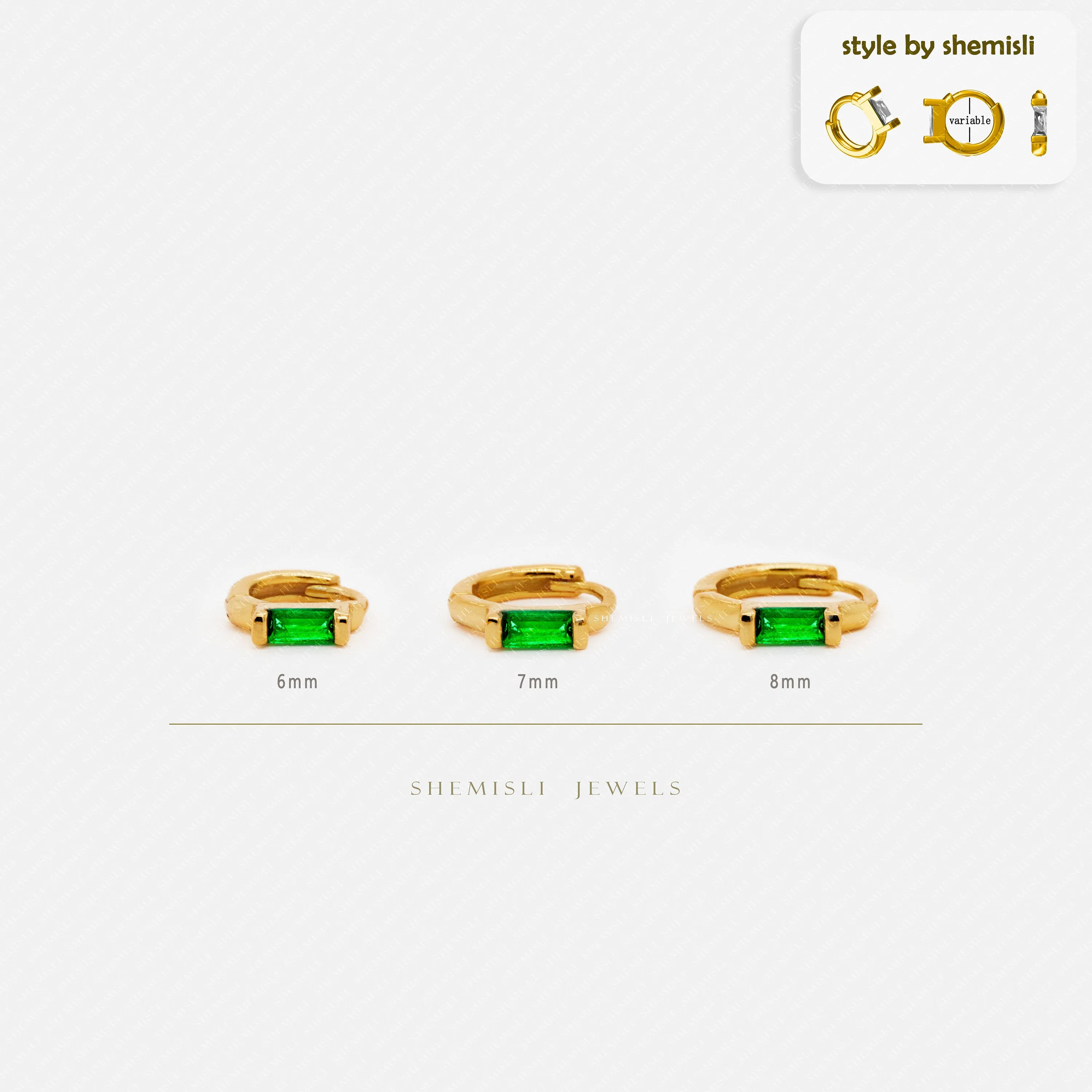 Emerald Baguette Helix Hoop Earrings, Huggies, Unisex, Gold, Silver SHEMISLI - SH169, SH321, SH322