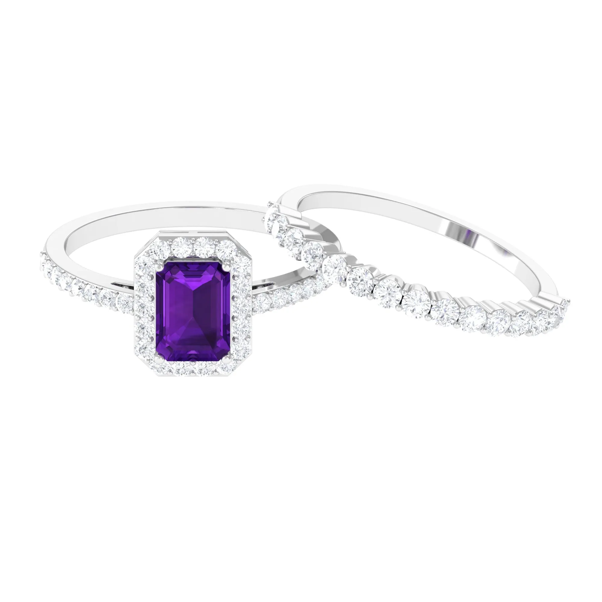 Emerald Cut Amethyst and Moissanite Stackable Ring Set