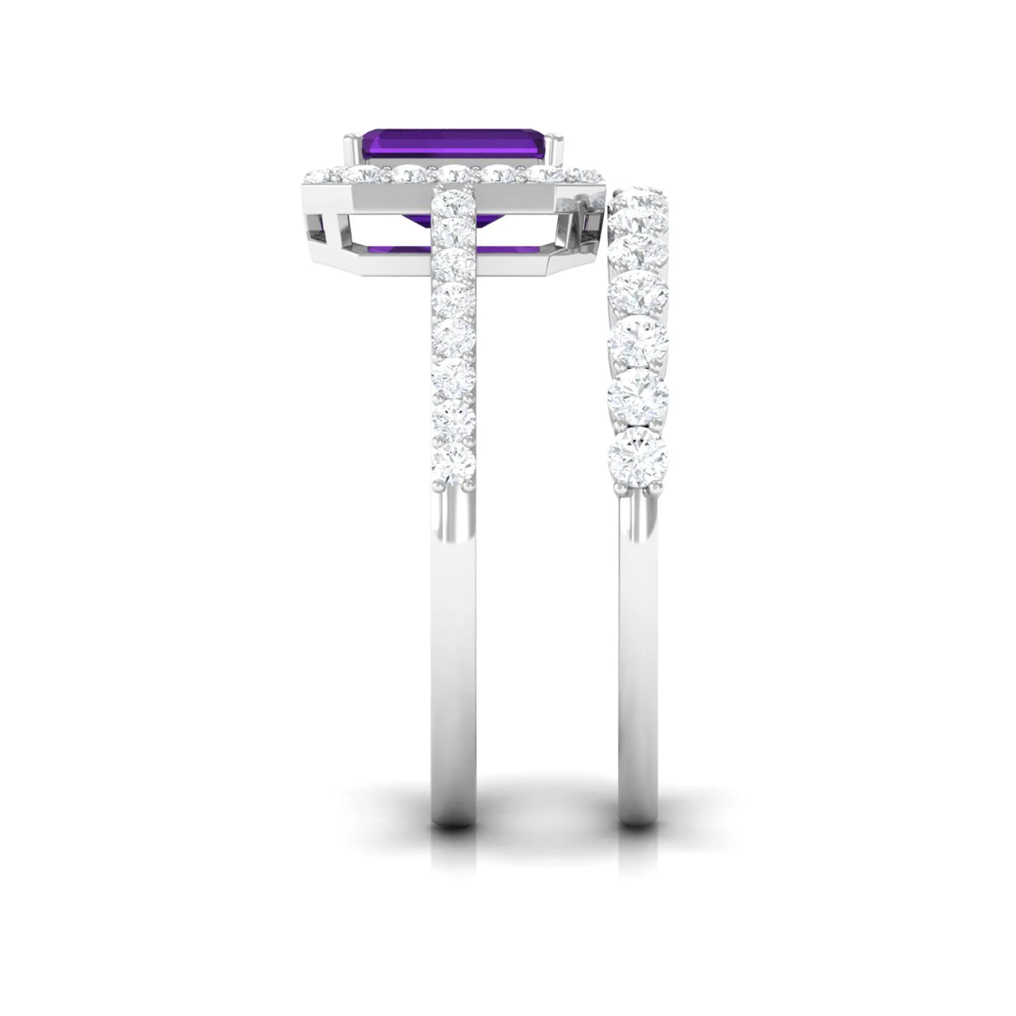 Emerald Cut Amethyst and Moissanite Stackable Ring Set