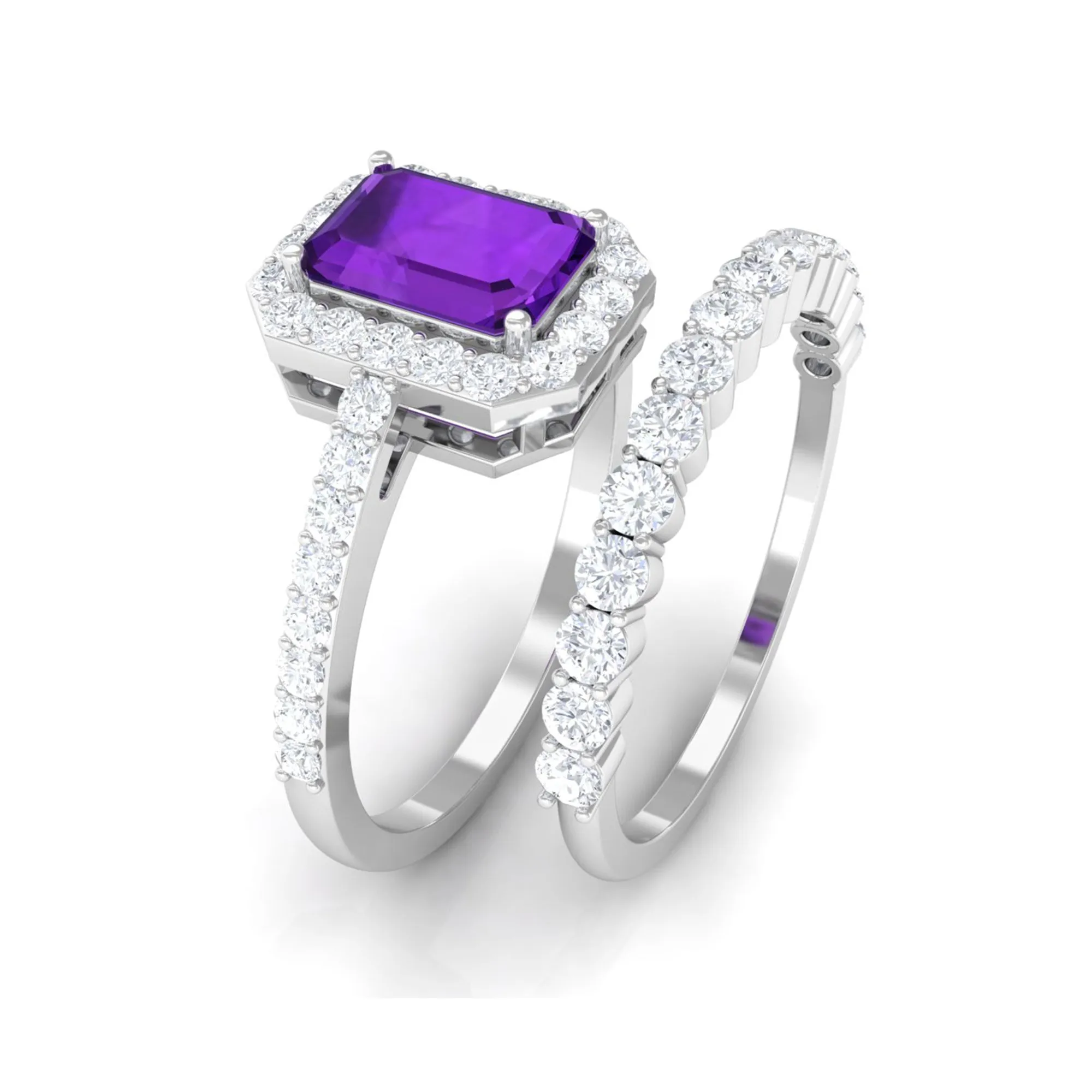 Emerald Cut Amethyst and Moissanite Stackable Ring Set