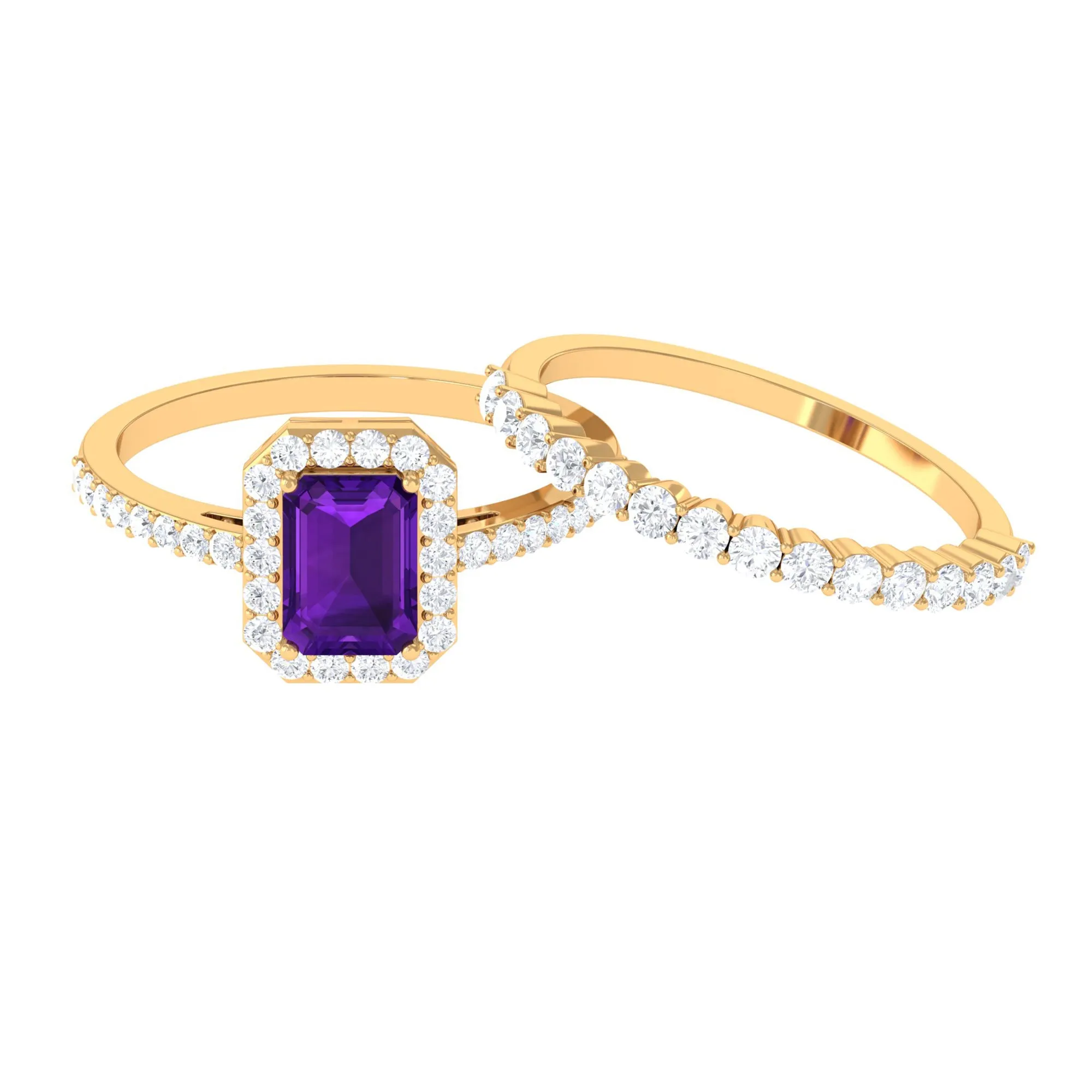 Emerald Cut Amethyst and Moissanite Stackable Ring Set