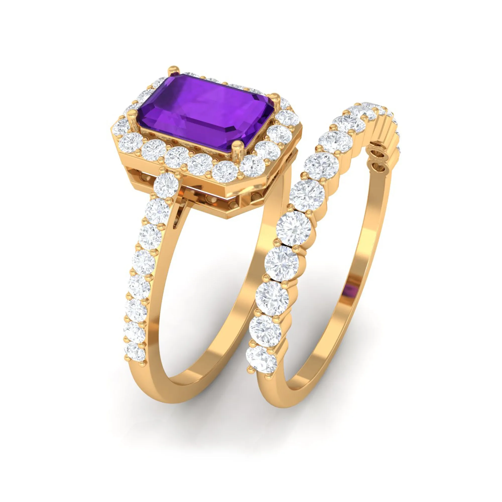 Emerald Cut Amethyst and Moissanite Stackable Ring Set