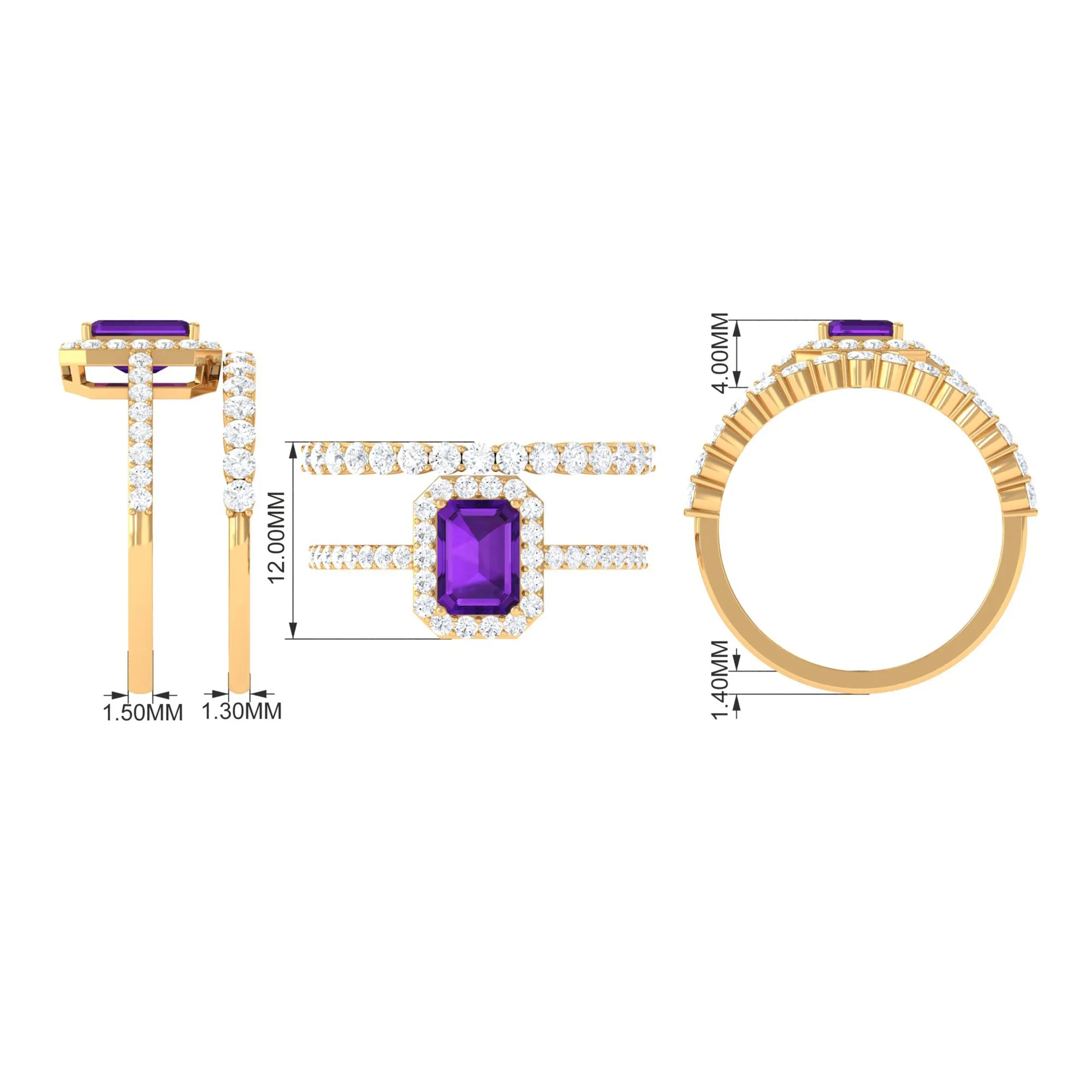 Emerald Cut Amethyst and Moissanite Stackable Ring Set