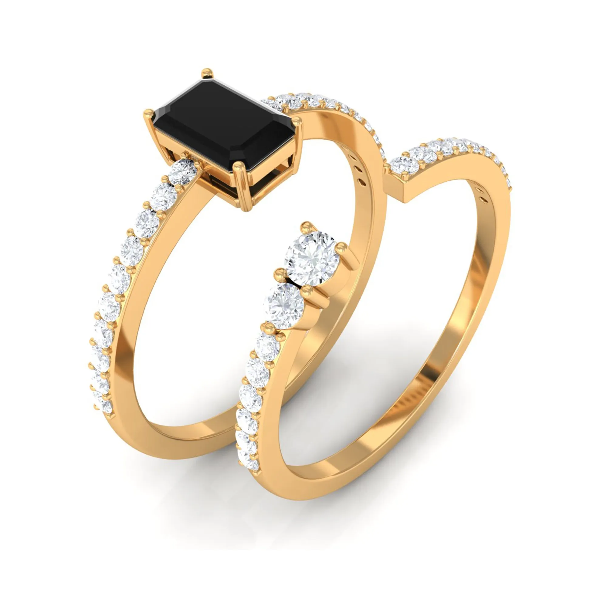 Emerald Cut Created Black Diamond Ring Set with Diamond