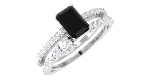 Emerald Cut Created Black Diamond Ring Set with Diamond