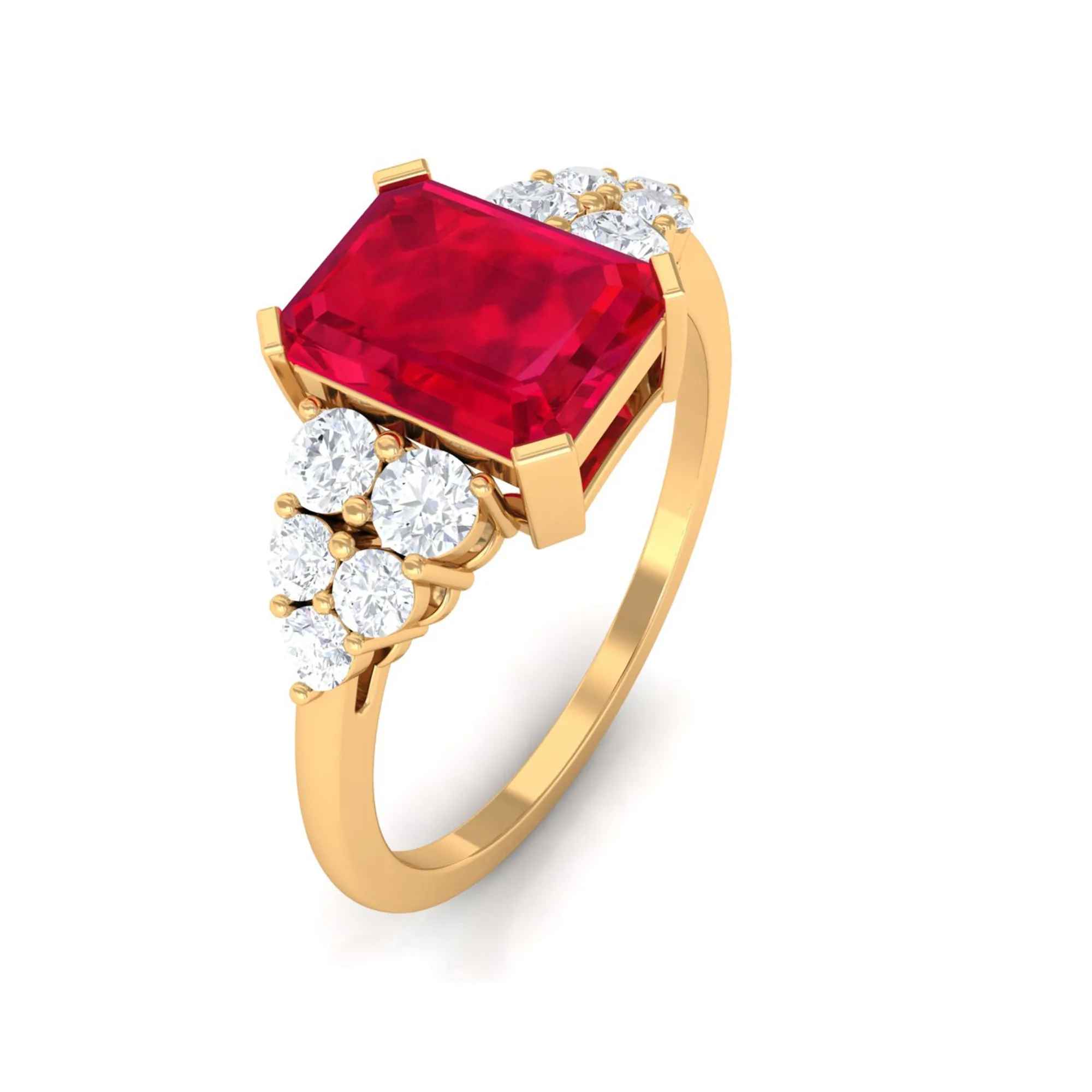 Emerald Cut Created Ruby and Diamond Designer Engagement Ring