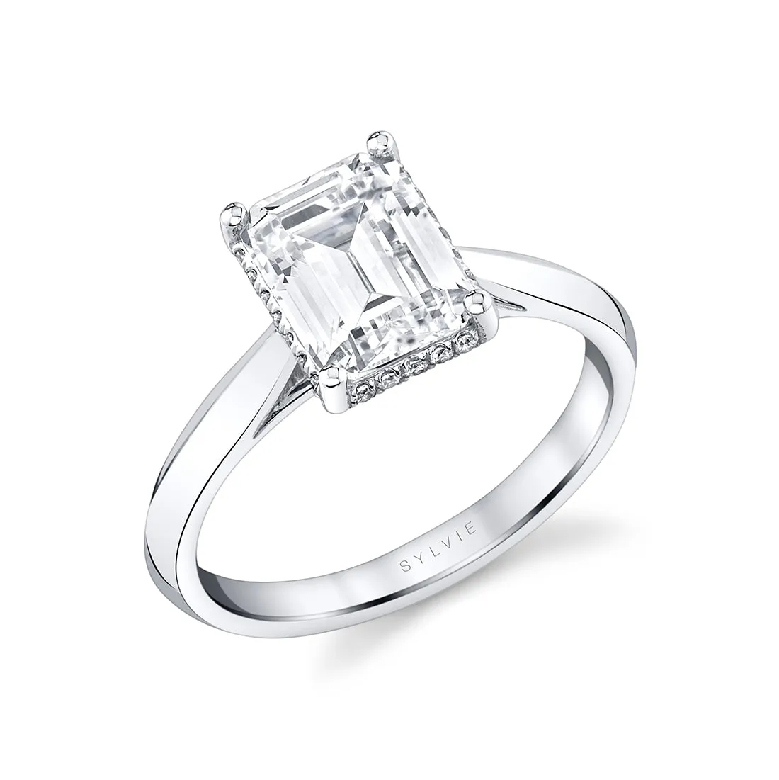 Emerald Cut Hidden Halo Solitaire Engagement Ring - Fae 14k Gold White